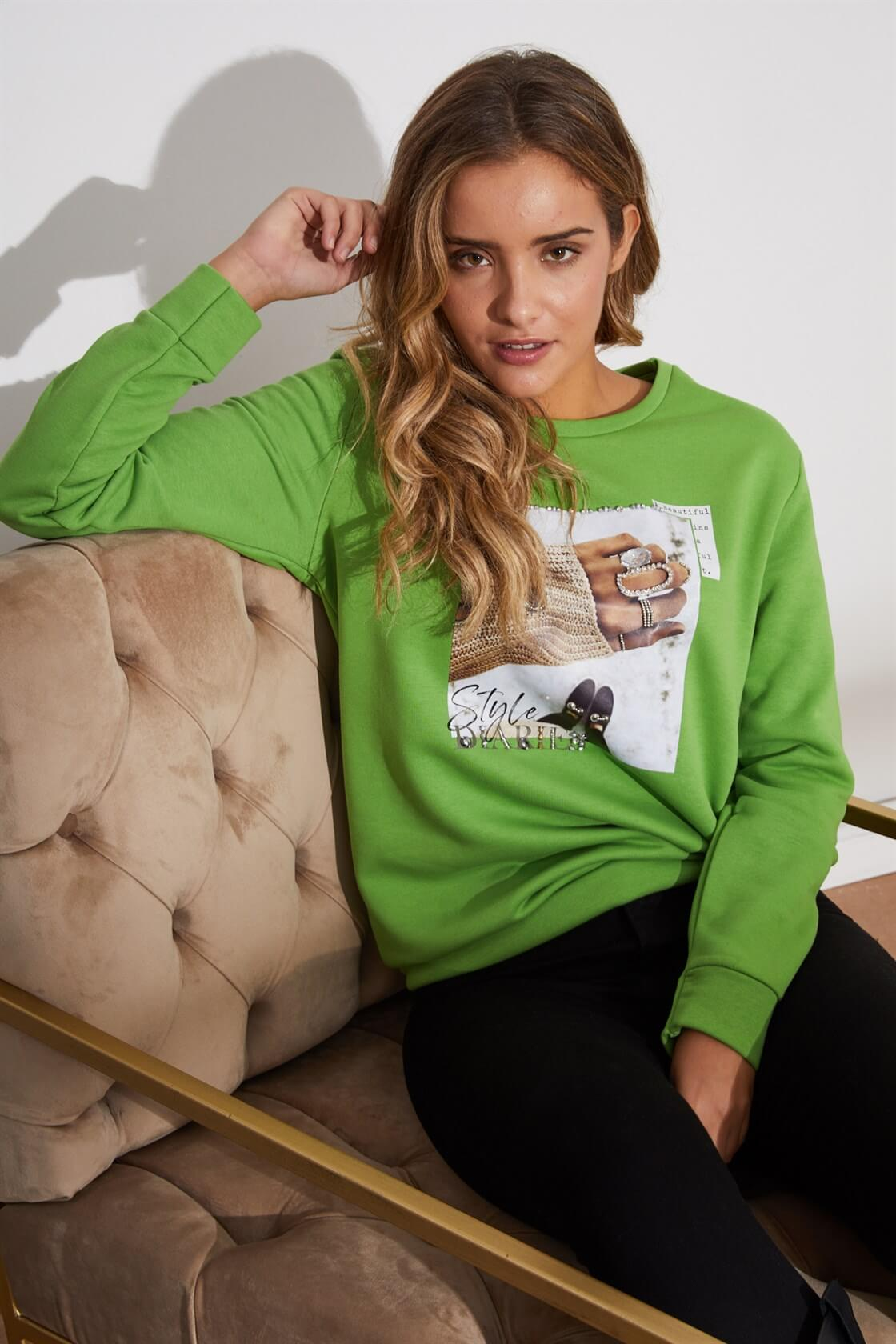 Yeşil Bisiklet Yaka Uzun Kol Baskılı SweatshirtST060W7209101