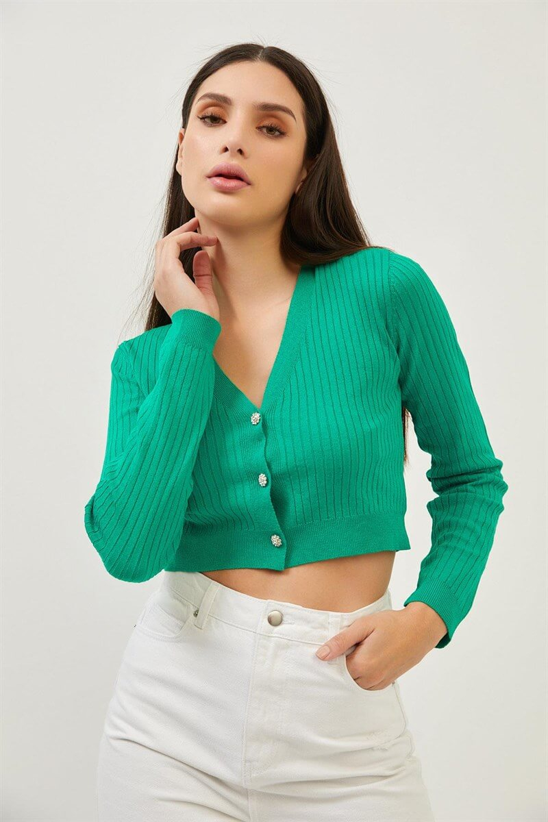 Yeşil Taşlı Düğme Detaylı Crop Triko BluzST070S94182003