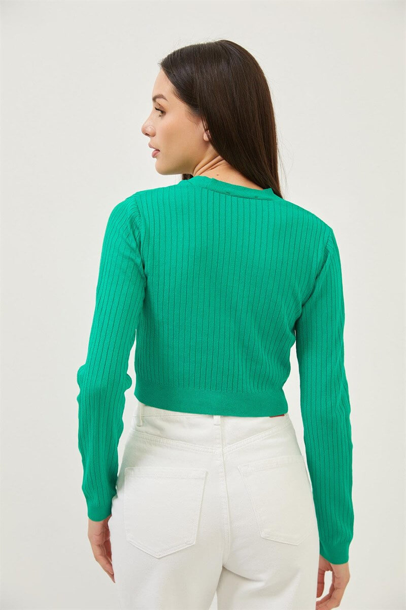 Yeşil Taşlı Düğme Detaylı Crop Triko BluzST070S94182003