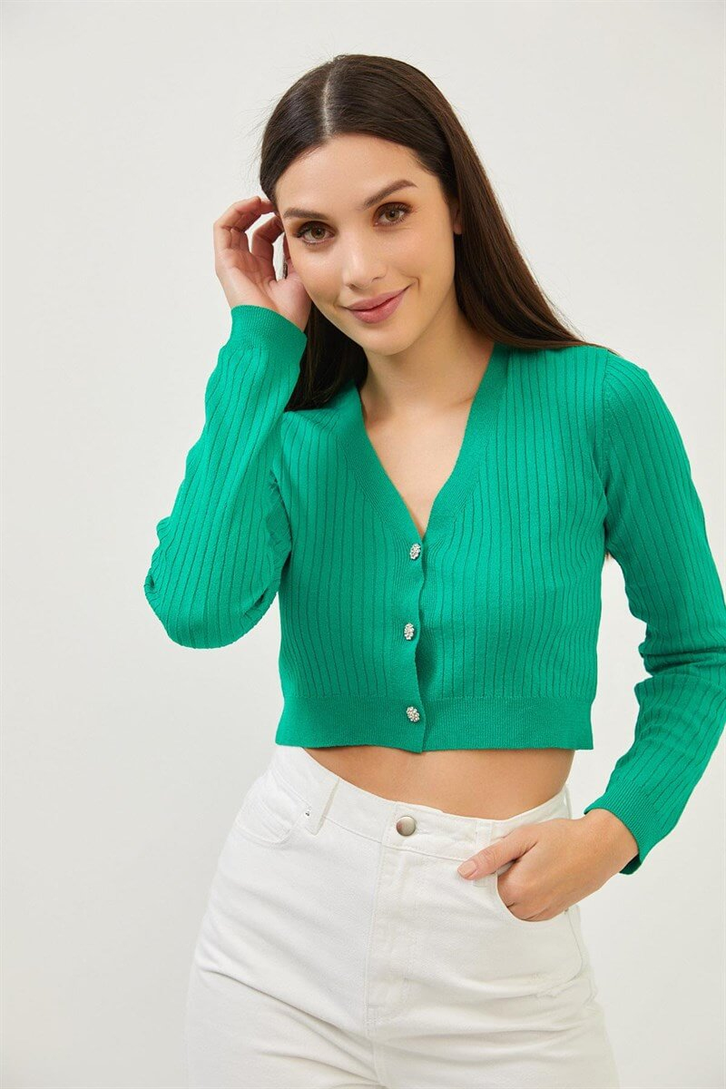 Yeşil Taşlı Düğme Detaylı Crop Triko BluzST070S94182003
