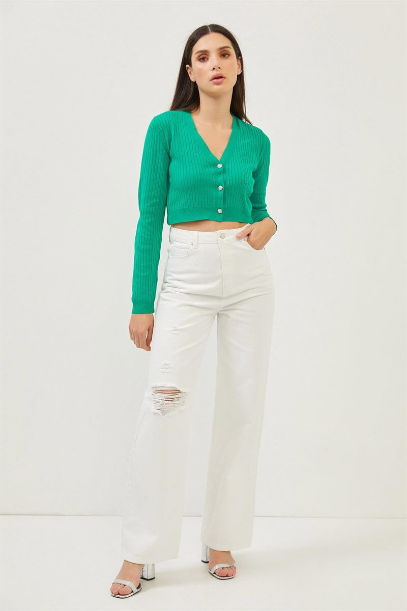 Yeşil Taşlı Düğme Detaylı Crop Triko BluzST070S94182003