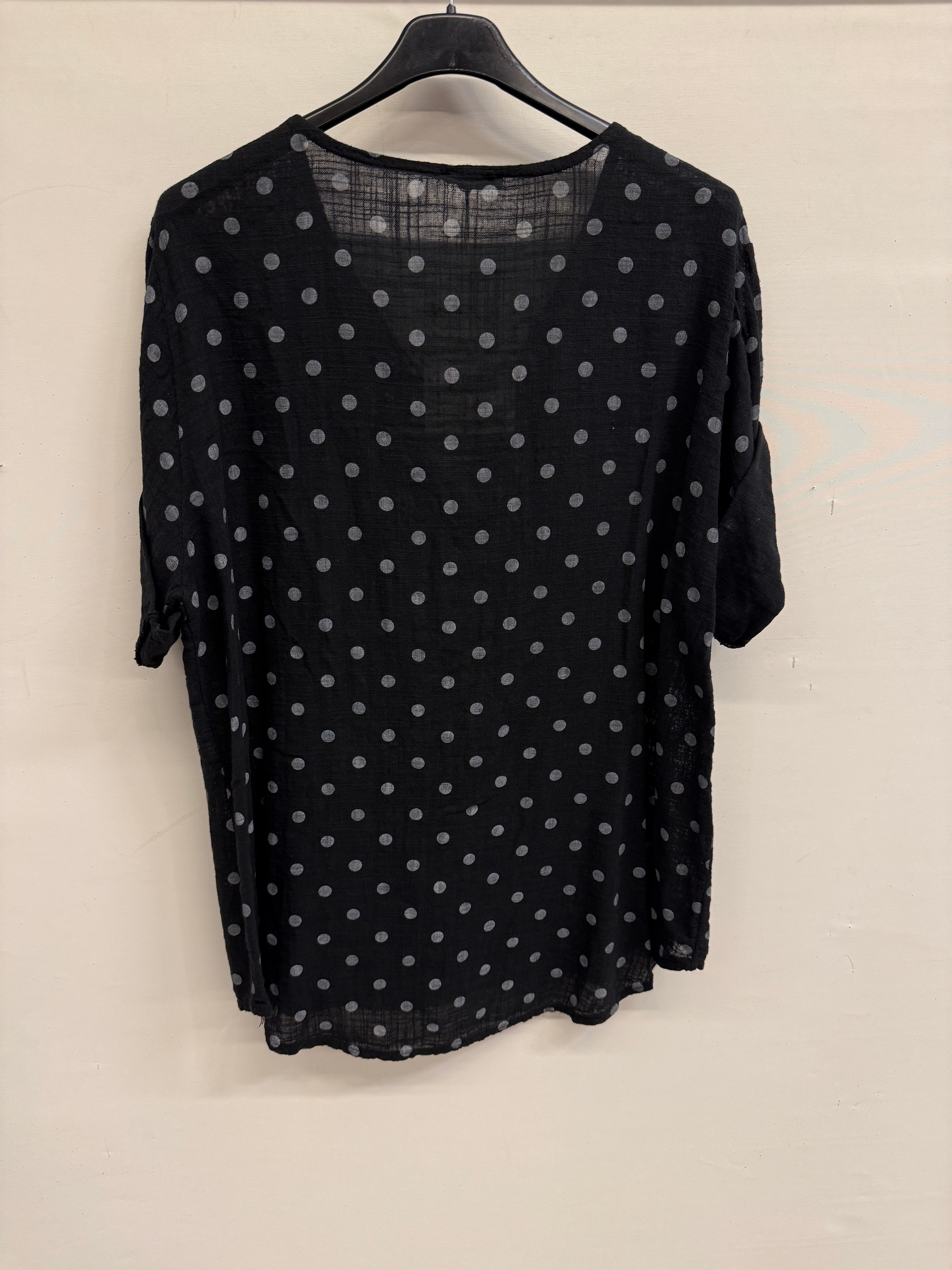 Siyah Kadın İtalyan Puantiye Desen Yarım Kol Açık Yaka Oversize Bluz 40 - 44 Beden