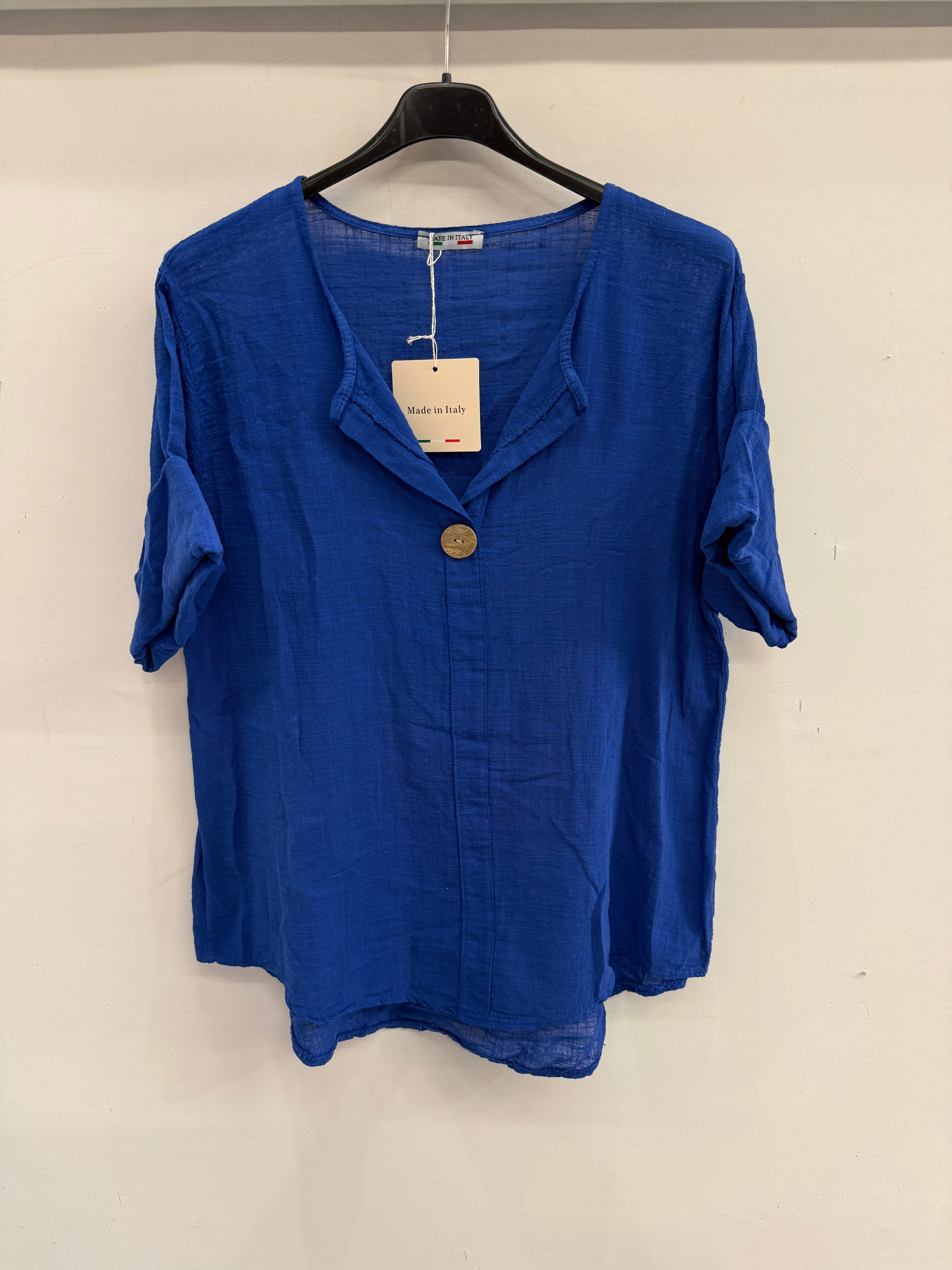 Saks Mavi İtalyan Açık Yaka Yarım Kol Oversize Bluz 40 - 44 Beden