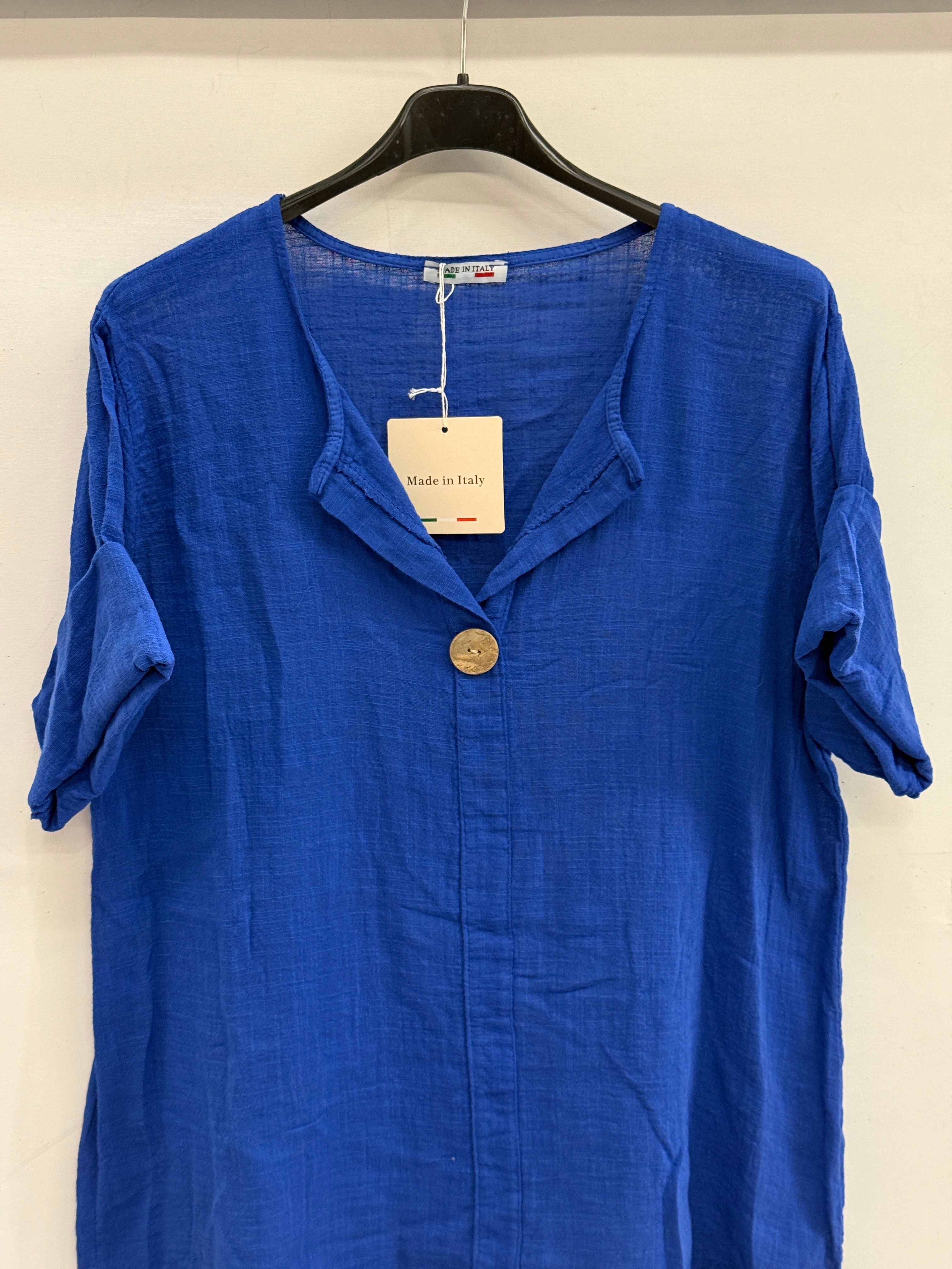 Saks Mavi İtalyan Açık Yaka Yarım Kol Oversize Bluz 40 - 44 Beden