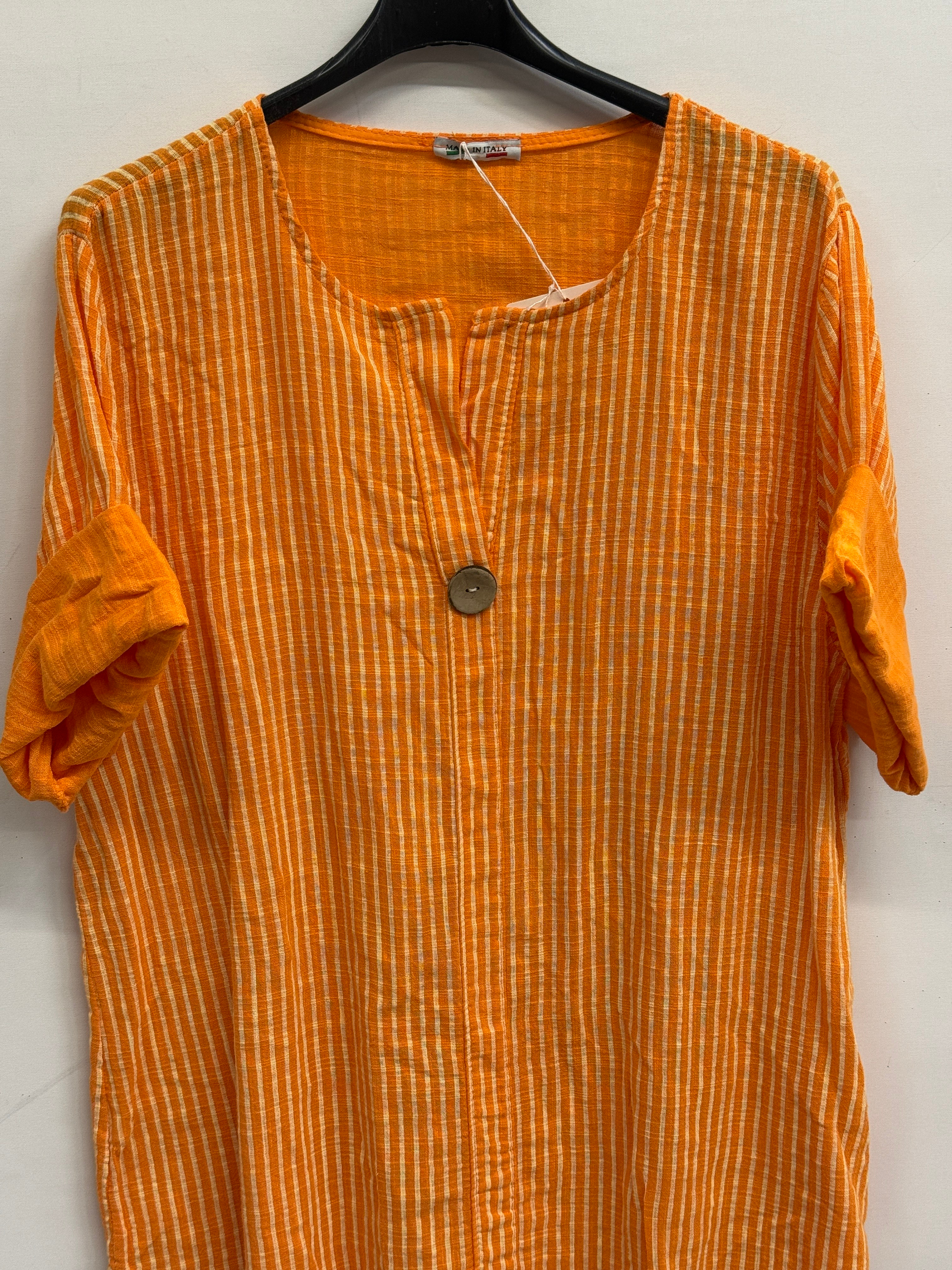 Turuncu Kadın İtalyan Çizgi Desenli Yarım Kol Açık Yaka Oversize Bluz 40 - 44 Beden