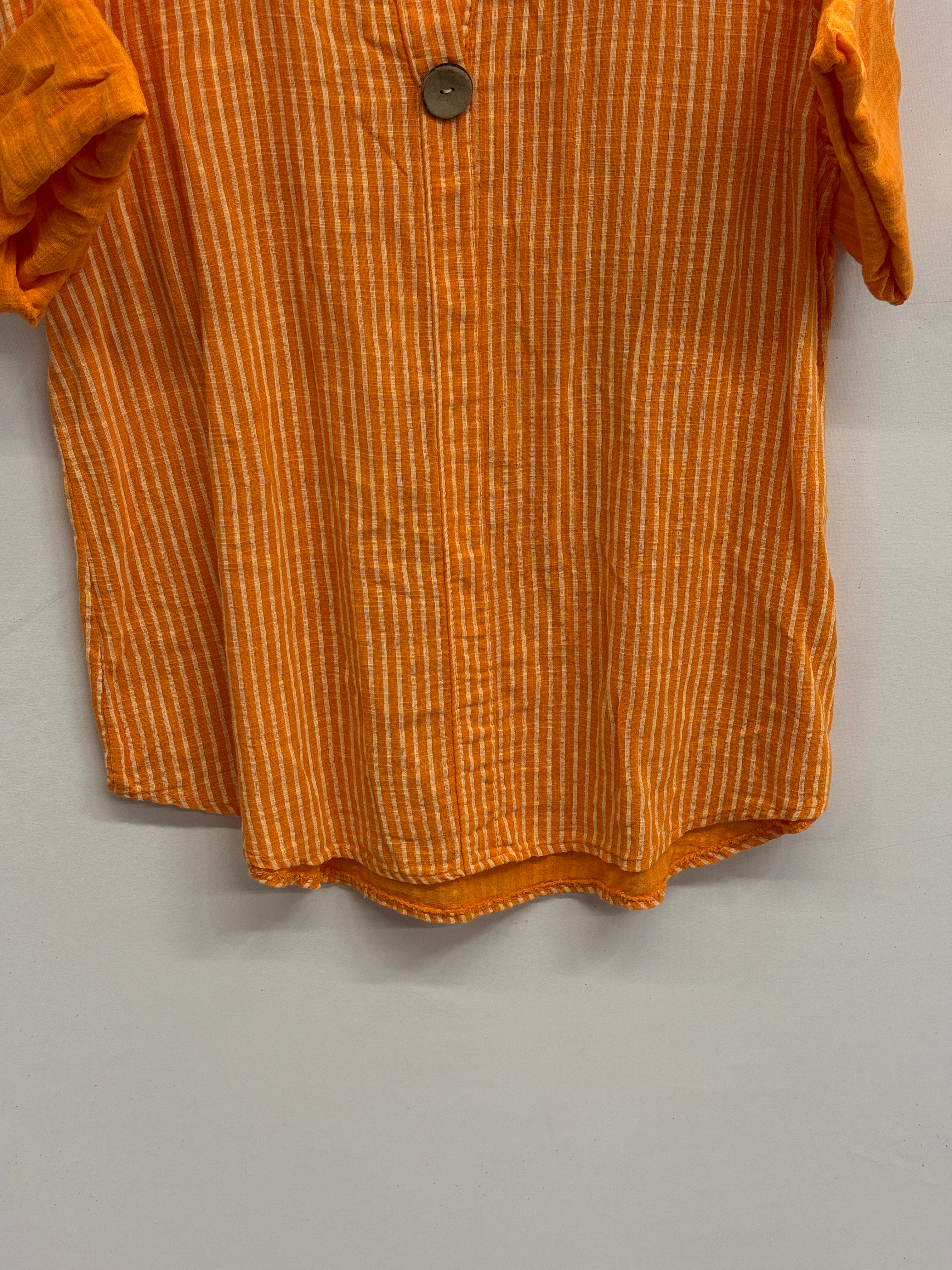 Turuncu Kadın İtalyan Çizgi Desenli Yarım Kol Açık Yaka Oversize Bluz 40 - 44 Beden