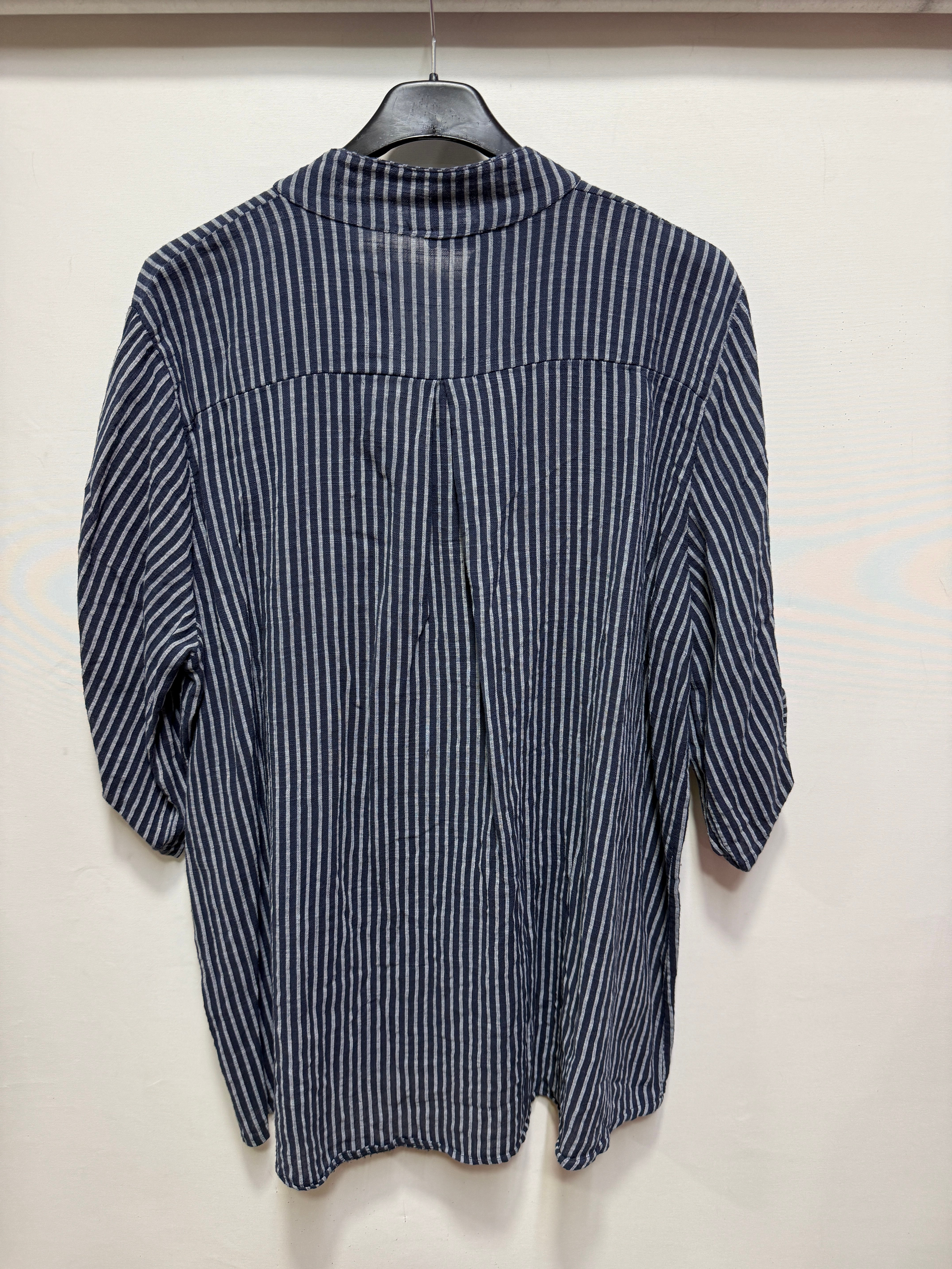 Siyah Kadın İtalyan Çizgi Desen Hakim Yaka Kısa Kol Oversize Bluz 40 - 44 Beden