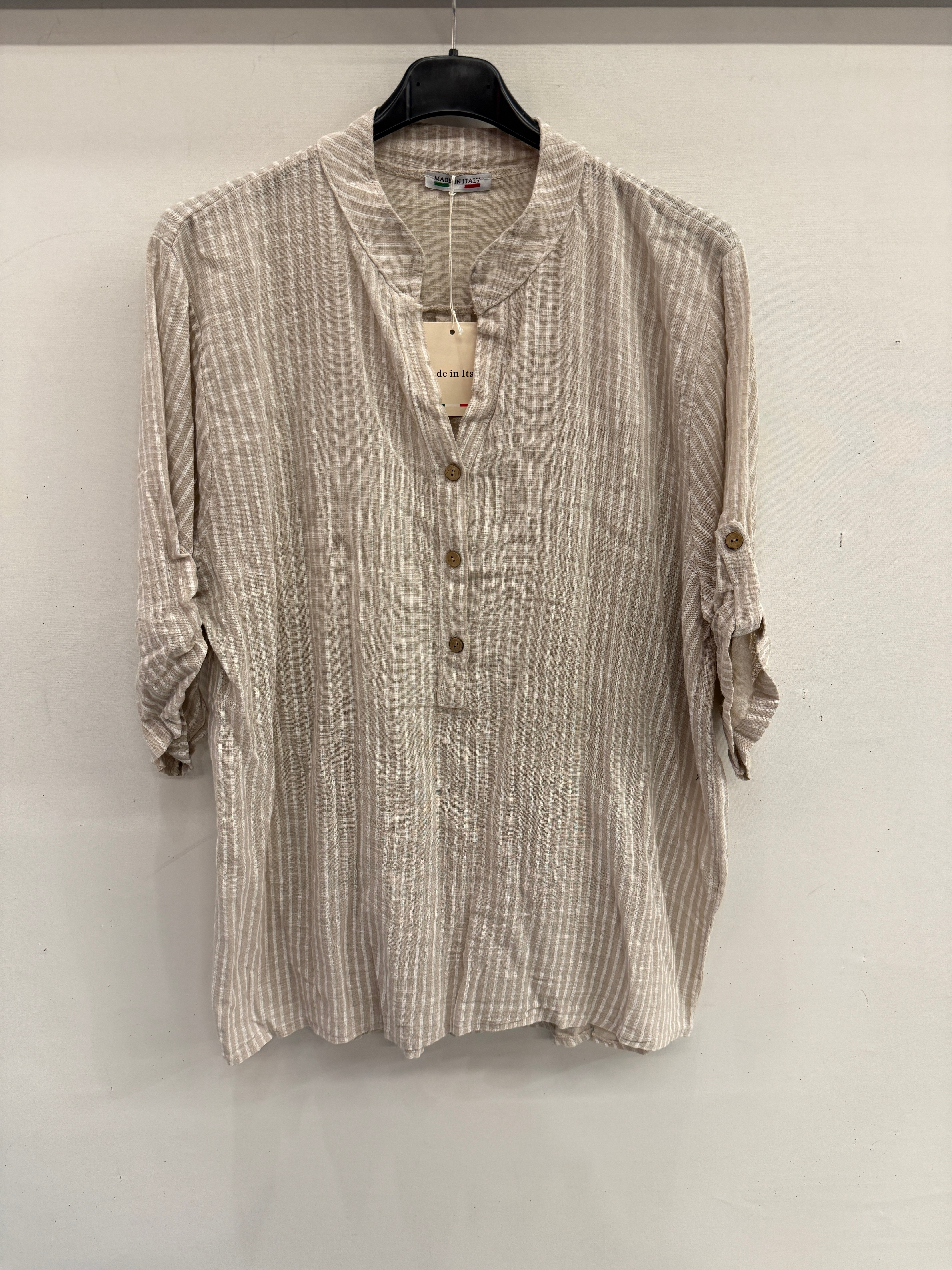 Bej Kadın İtalyan Çizgi Desen Hakim Yaka Kısa Kol Oversize Bluz 40 - 44 Beden