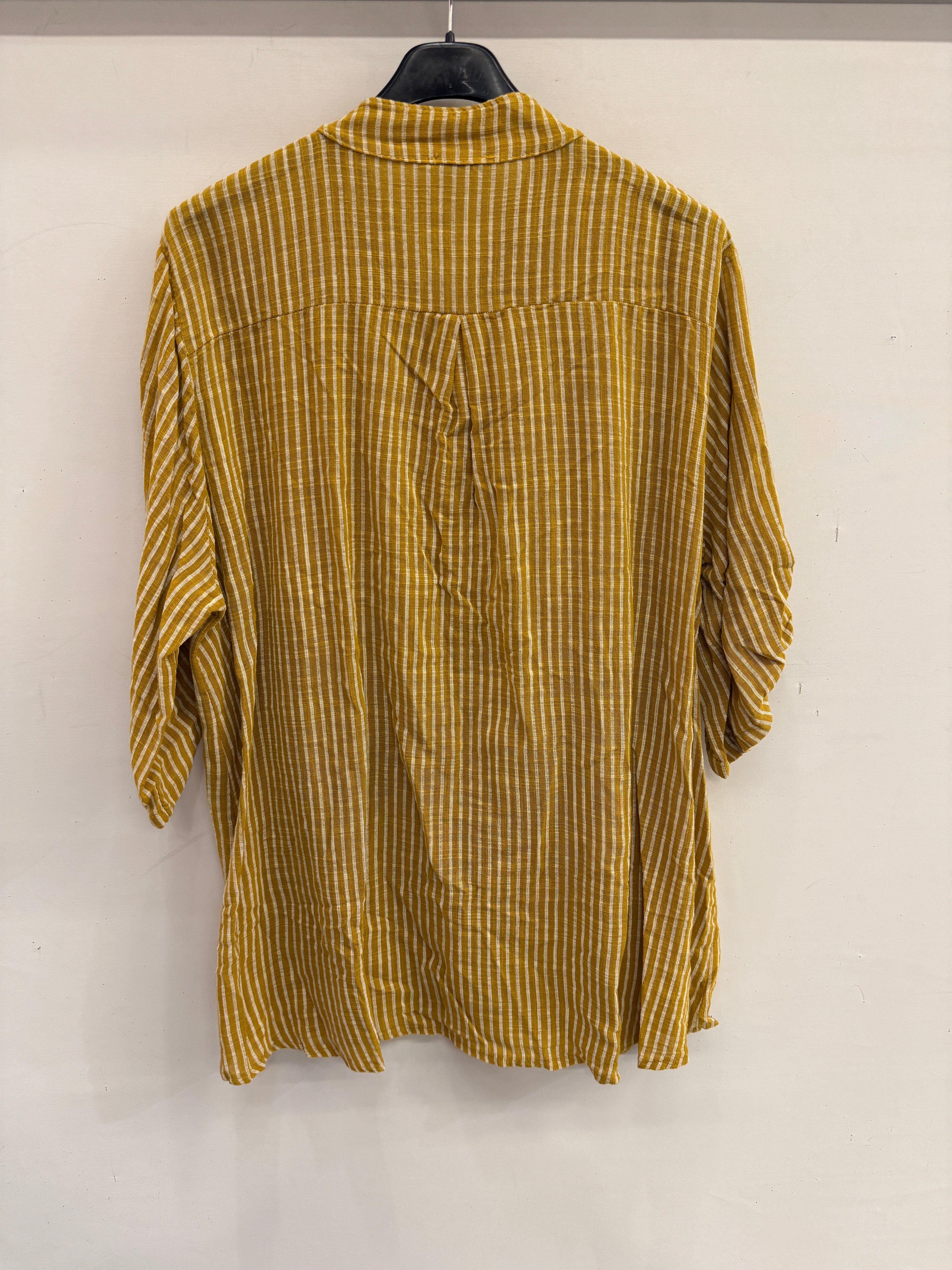 Hardal Kadın İtalyan Çizgi Desen Hakim Yaka Kısa Kol Oversize Bluz 40 - 44 Beden