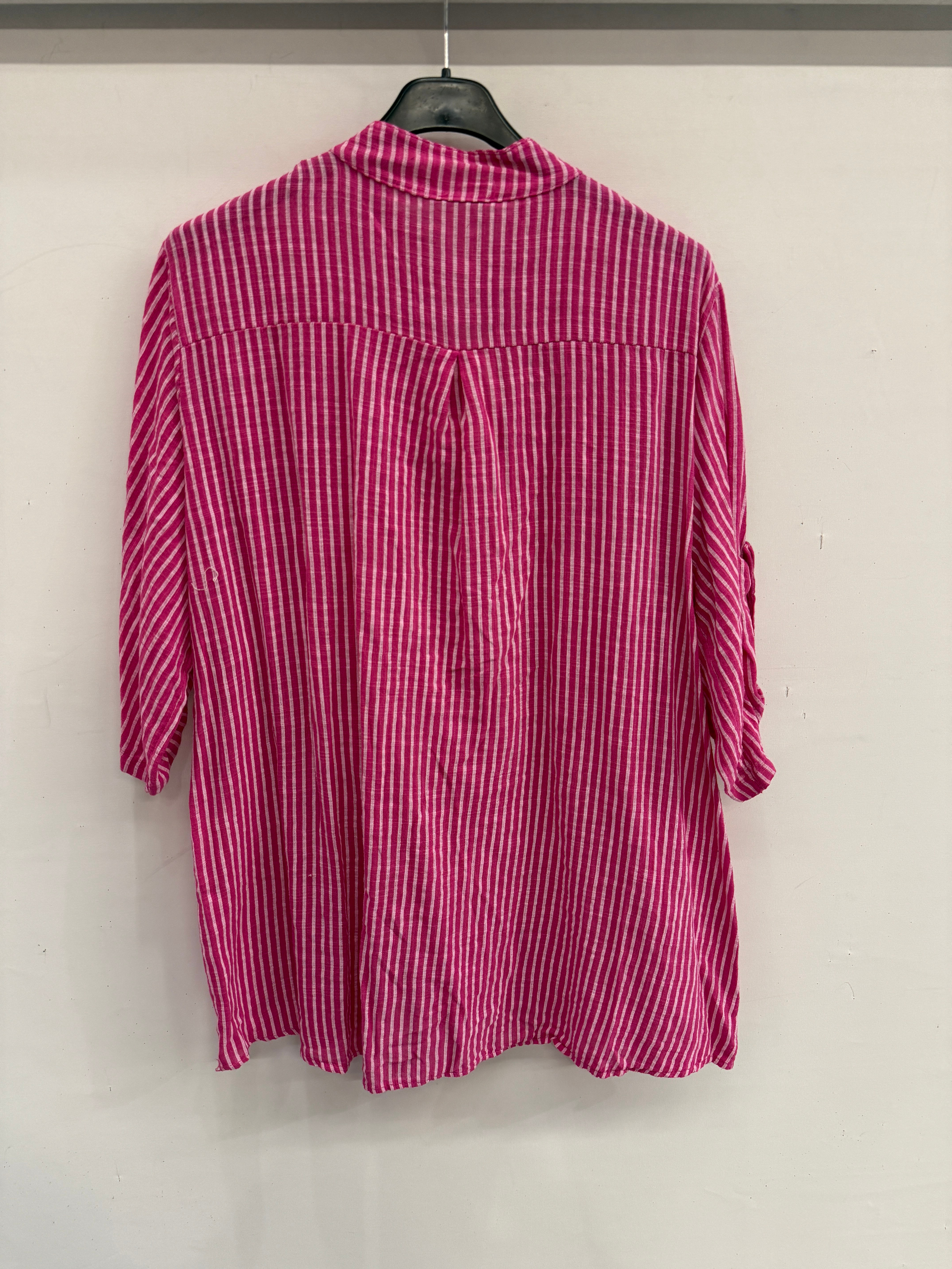 Fuşya Kadın İtalyan Çizgi Desen Hakim Yaka Kısa Kol Oversize Bluz 40 - 44 Beden