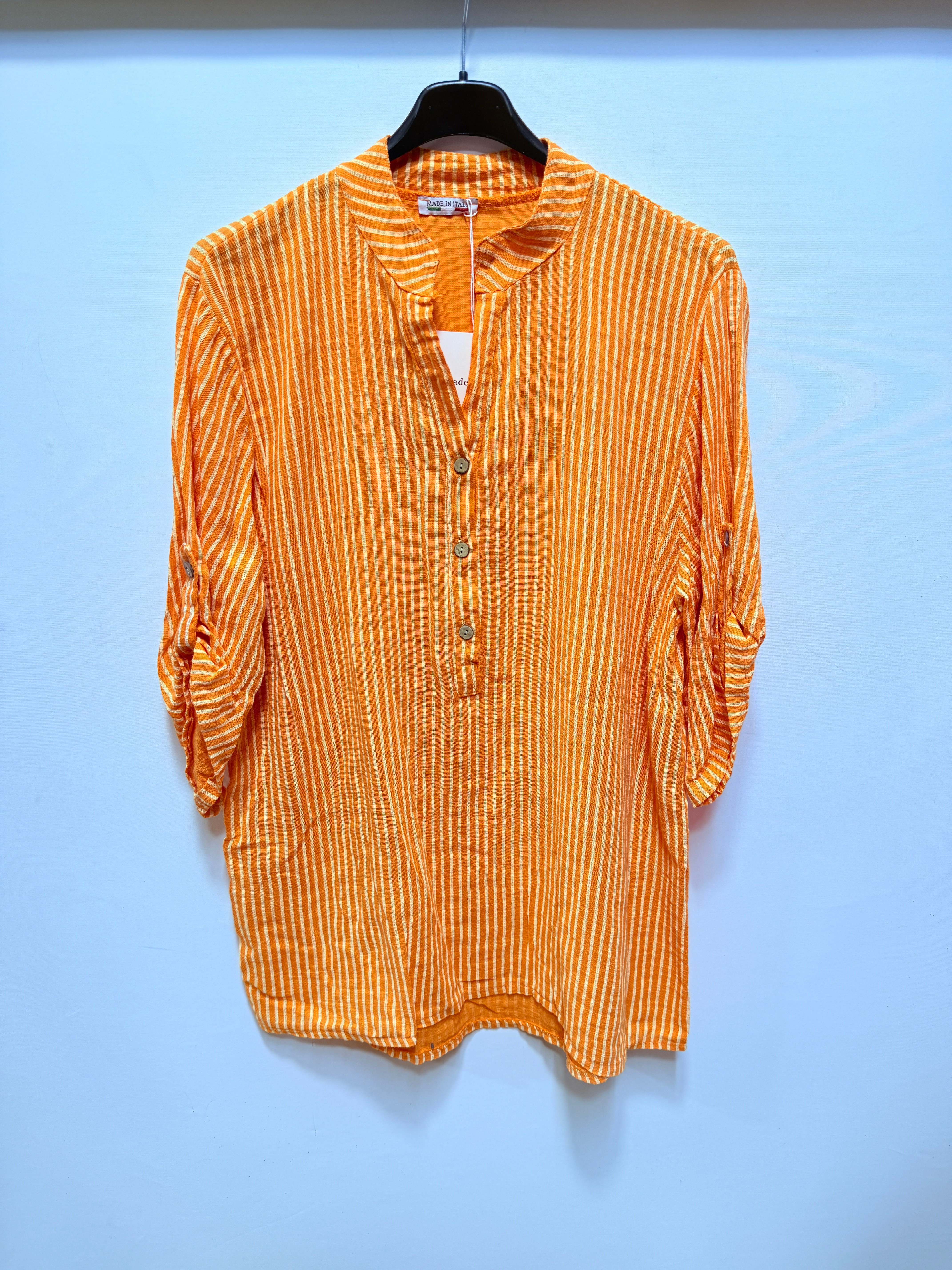 Turuncu Kadın İtalyan Çizgi Desen Hakim Yaka Kısa Kol Oversize Bluz 40 - 44 Beden