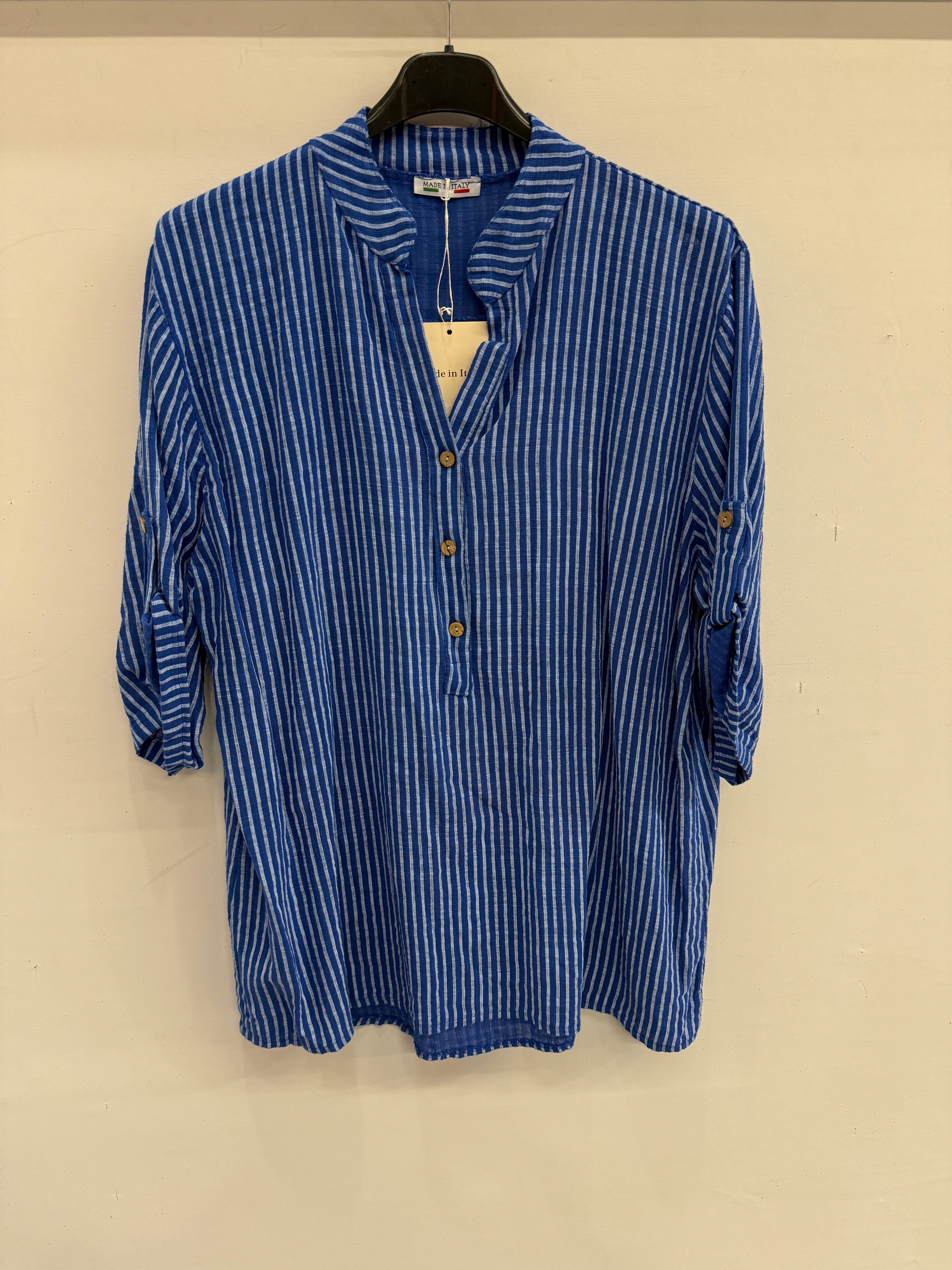Saks Mavi Kadın İtalyan Çizgi Desen Hakim Yaka Kısa Kol Oversize Bluz 40 - 44 Beden