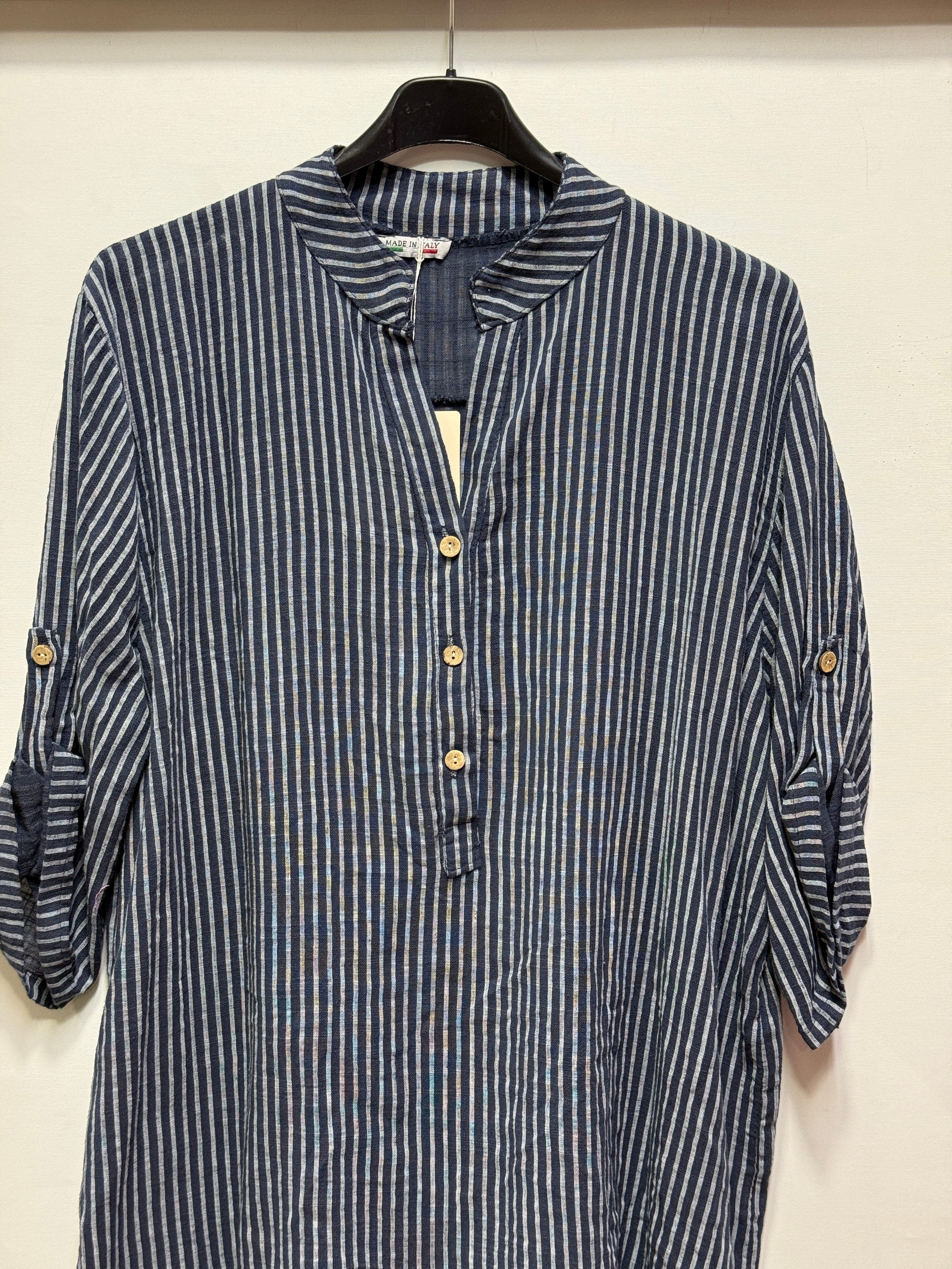 Siyah Kadın İtalyan Çizgi Desen Hakim Yaka Kısa Kol Oversize Bluz 40 - 44 Beden