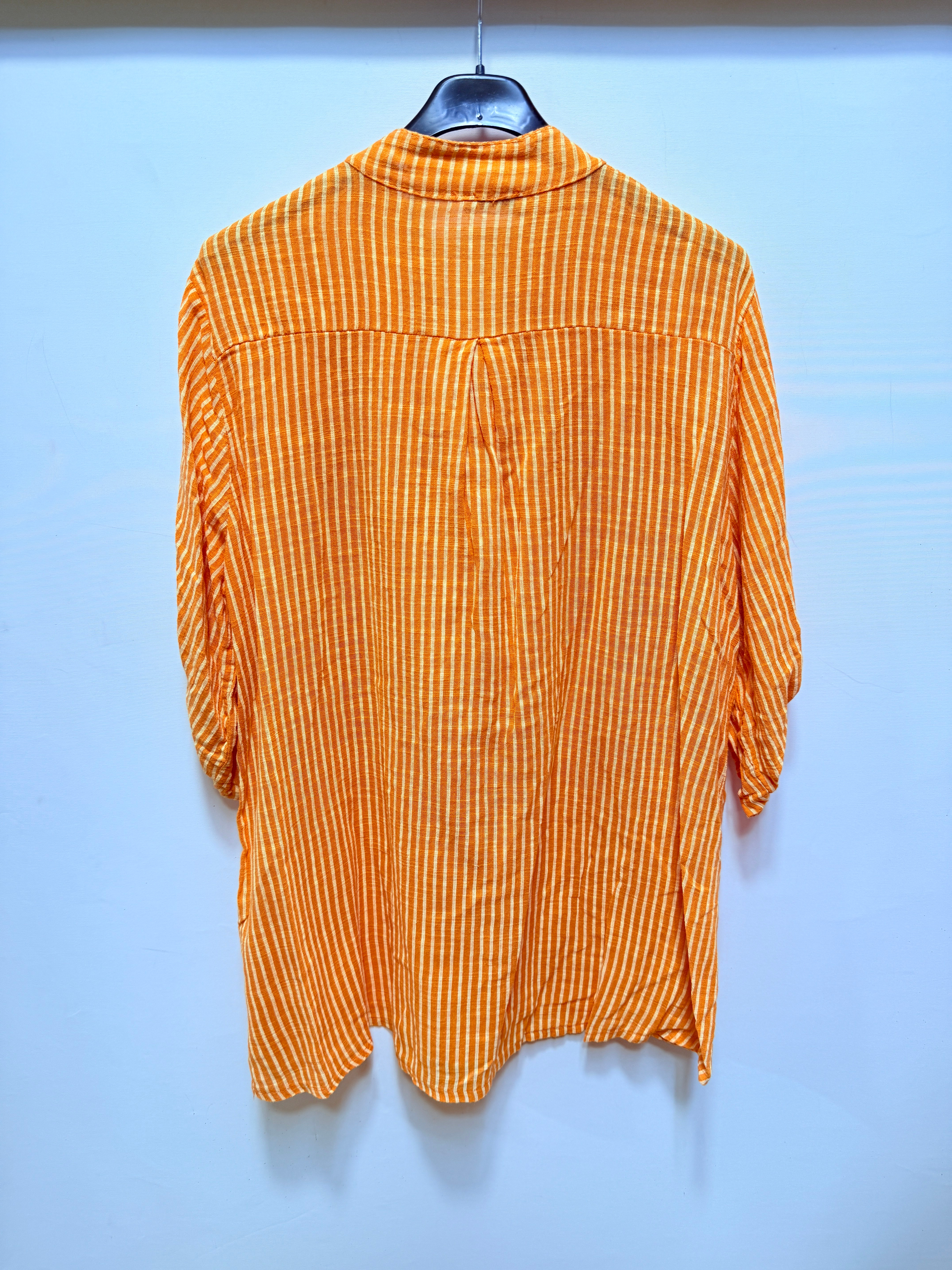 Turuncu Kadın İtalyan Çizgi Desen Hakim Yaka Kısa Kol Oversize Bluz 40 - 44 Beden
