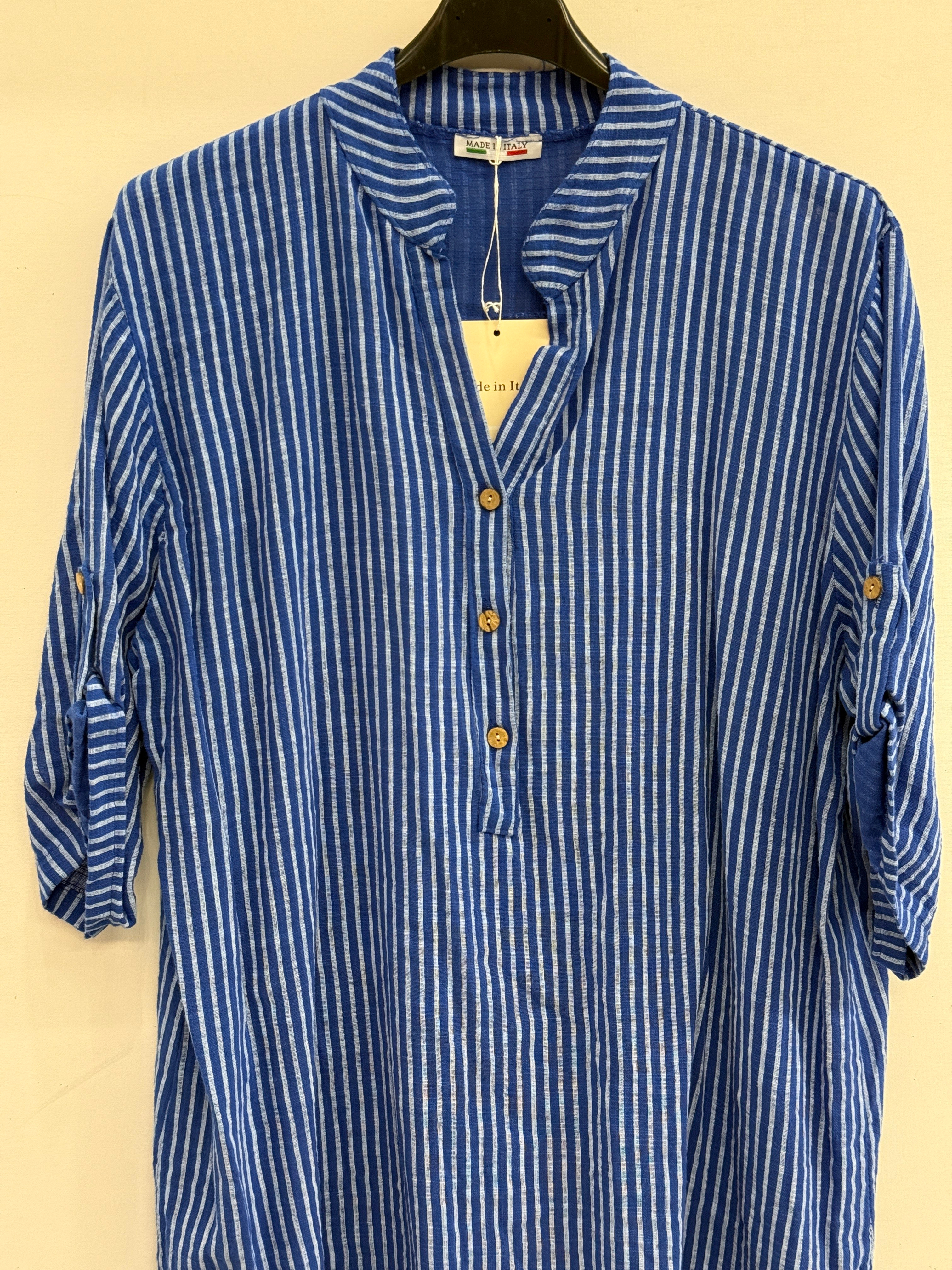 Saks Mavi Kadın İtalyan Çizgi Desen Hakim Yaka Kısa Kol Oversize Bluz 40 - 44 Beden