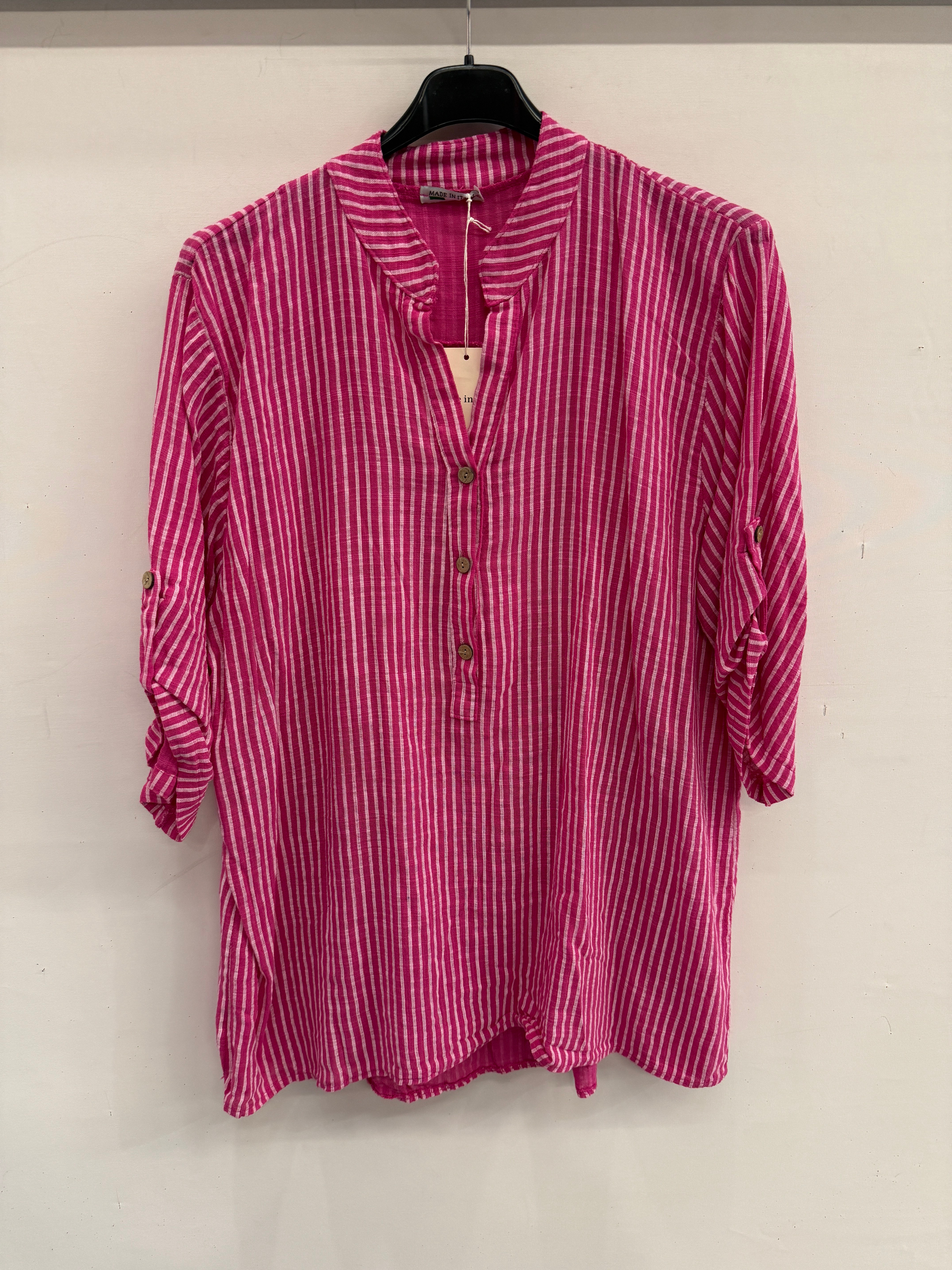 Fuşya Kadın İtalyan Çizgi Desen Hakim Yaka Kısa Kol Oversize Bluz 40 - 44 Beden