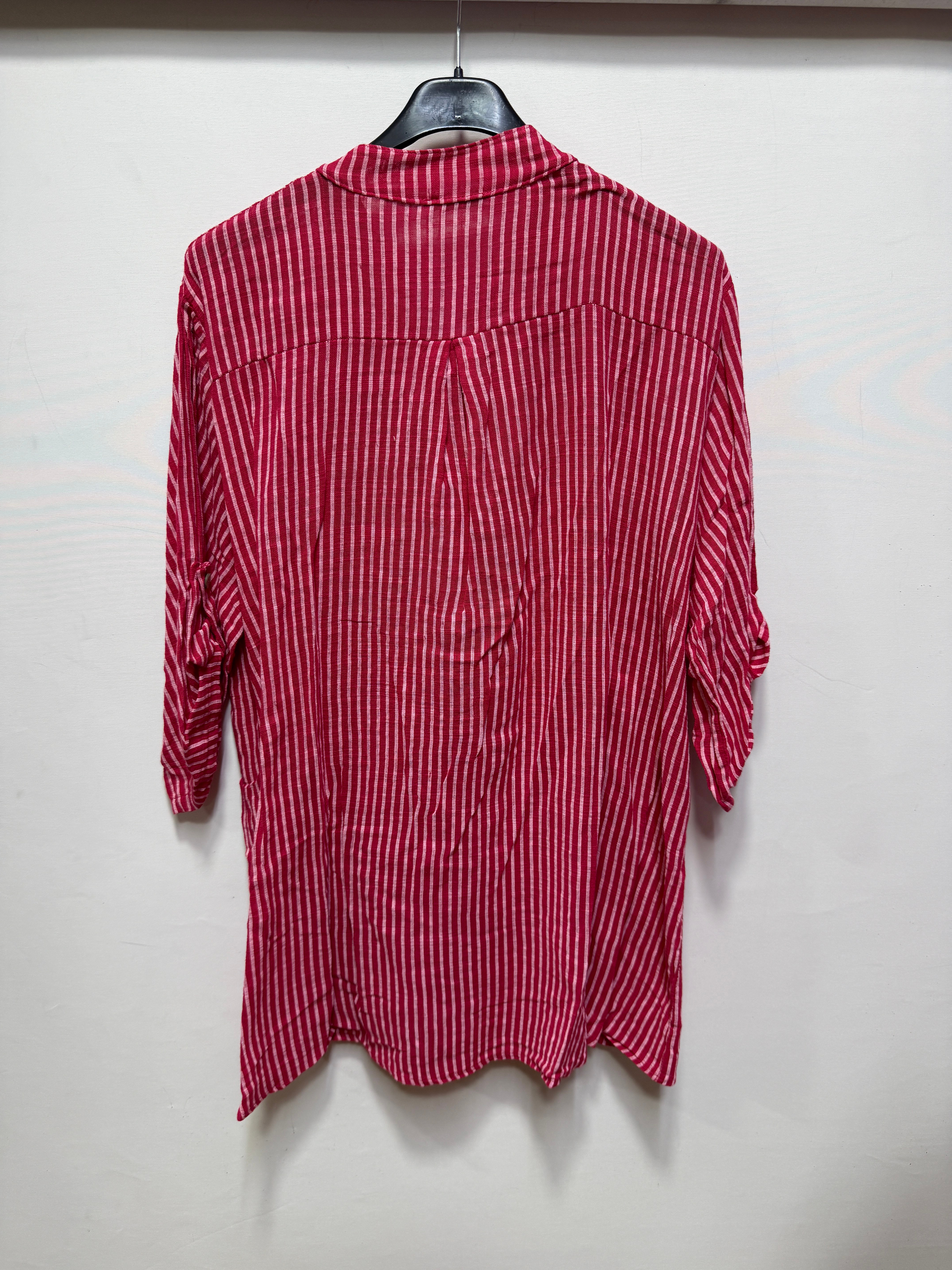 Kırmızı Kadın İtalyan Çizgi Desen Hakim Yaka Kısa Kol Oversize Bluz 40 - 44 Beden