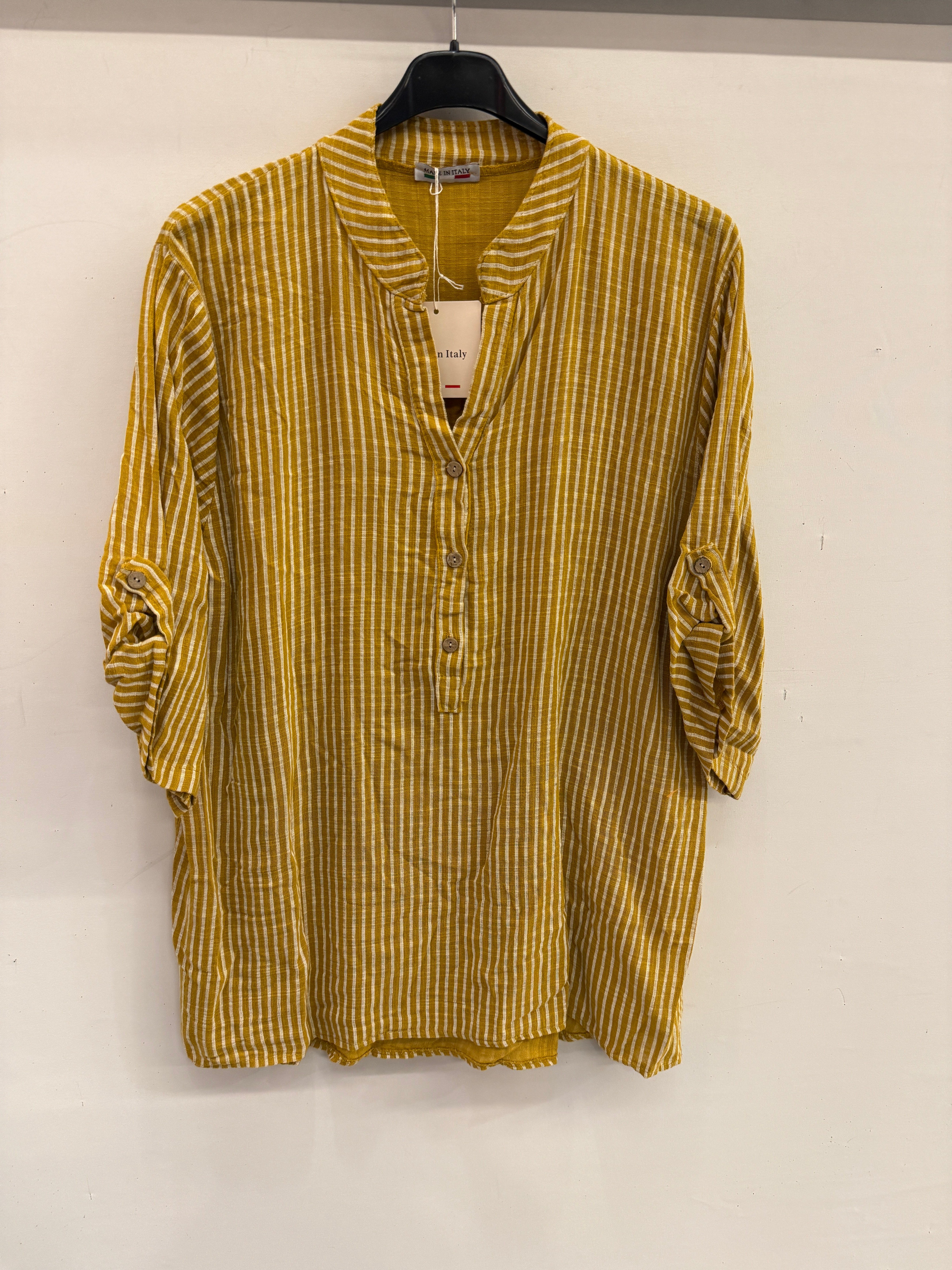 Hardal Kadın İtalyan Çizgi Desen Hakim Yaka Kısa Kol Oversize Bluz 40 - 44 Beden
