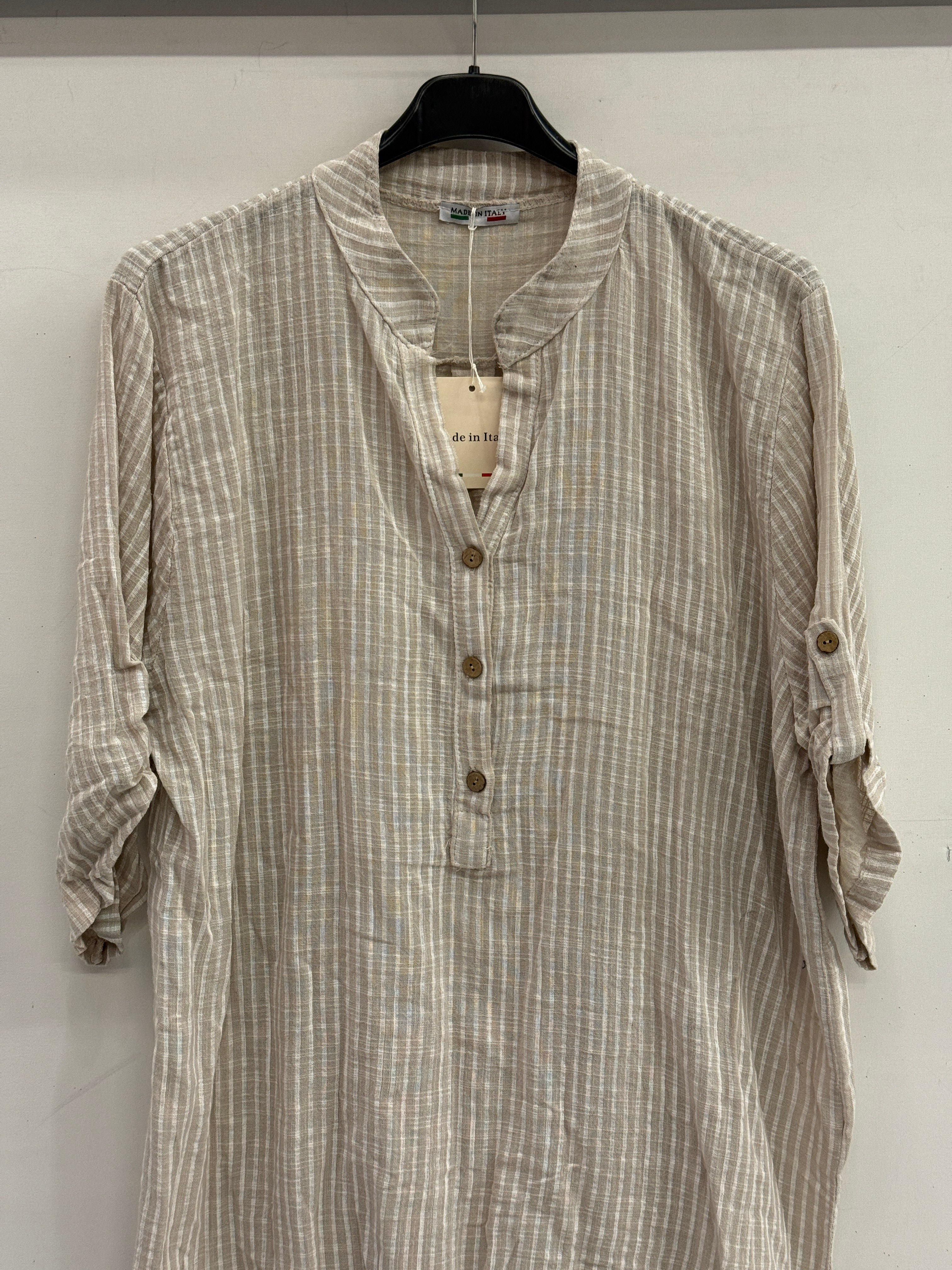 Bej Kadın İtalyan Çizgi Desen Hakim Yaka Kısa Kol Oversize Bluz 40 - 44 Beden