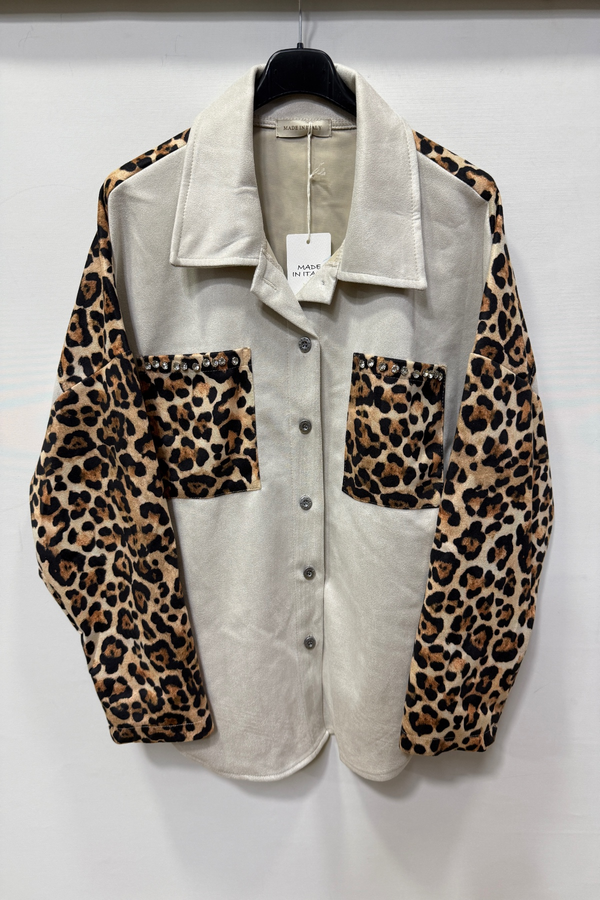 White Kadın İtalyan Süet Gömlek Ceket Leopar Desenli Cebi Taşlı Oversize Geniş Kalıp