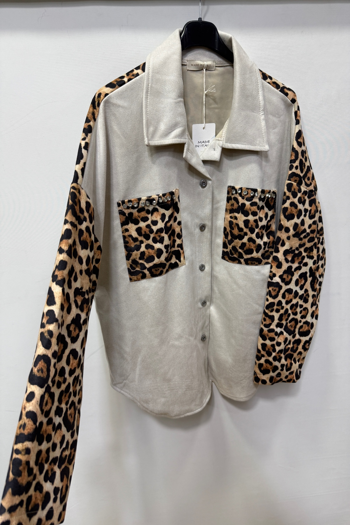 White Kadın İtalyan Süet Gömlek Ceket Leopar Desenli Cebi Taşlı Oversize Geniş Kalıp