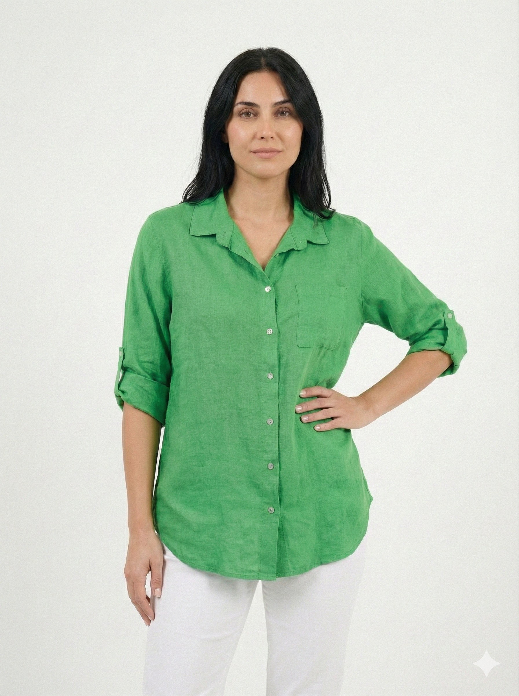 Kadın Yeşil İtalyan Oversize Uzun Keten Gömlek Tunik