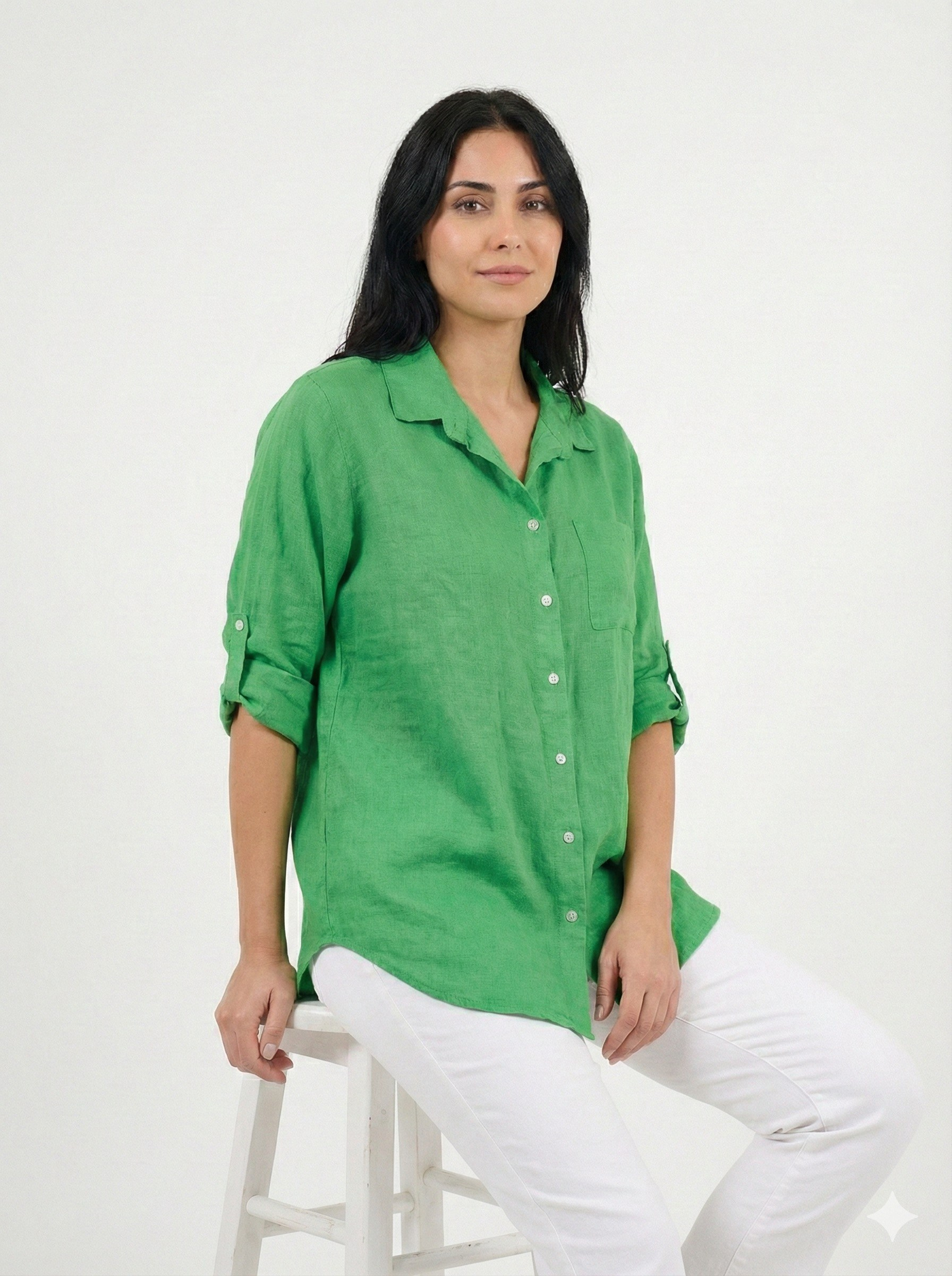 Kadın Yeşil İtalyan Oversize Uzun Keten Gömlek Tunik