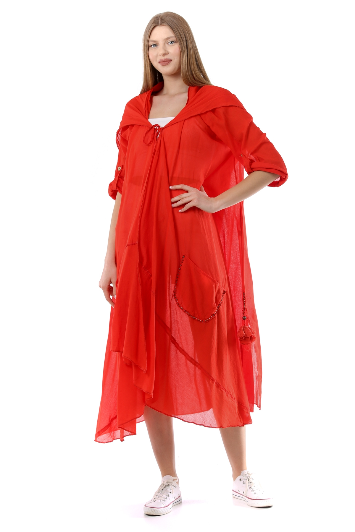 Nar Çiçeği Kadın Cadı Kapüşonlu Bohem Kaftan
