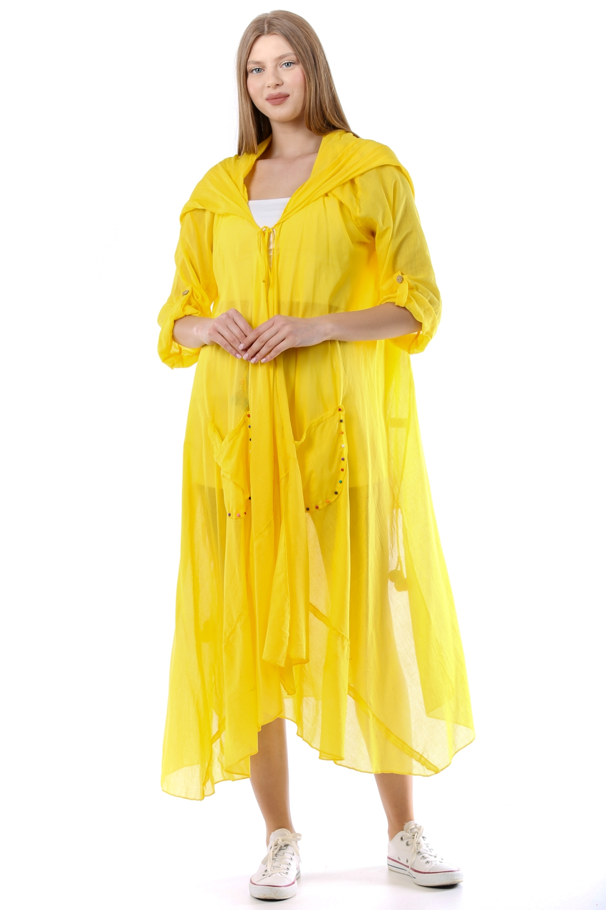 Sarı Kadın Cadı Kapüşonlu Bohem Kaftan