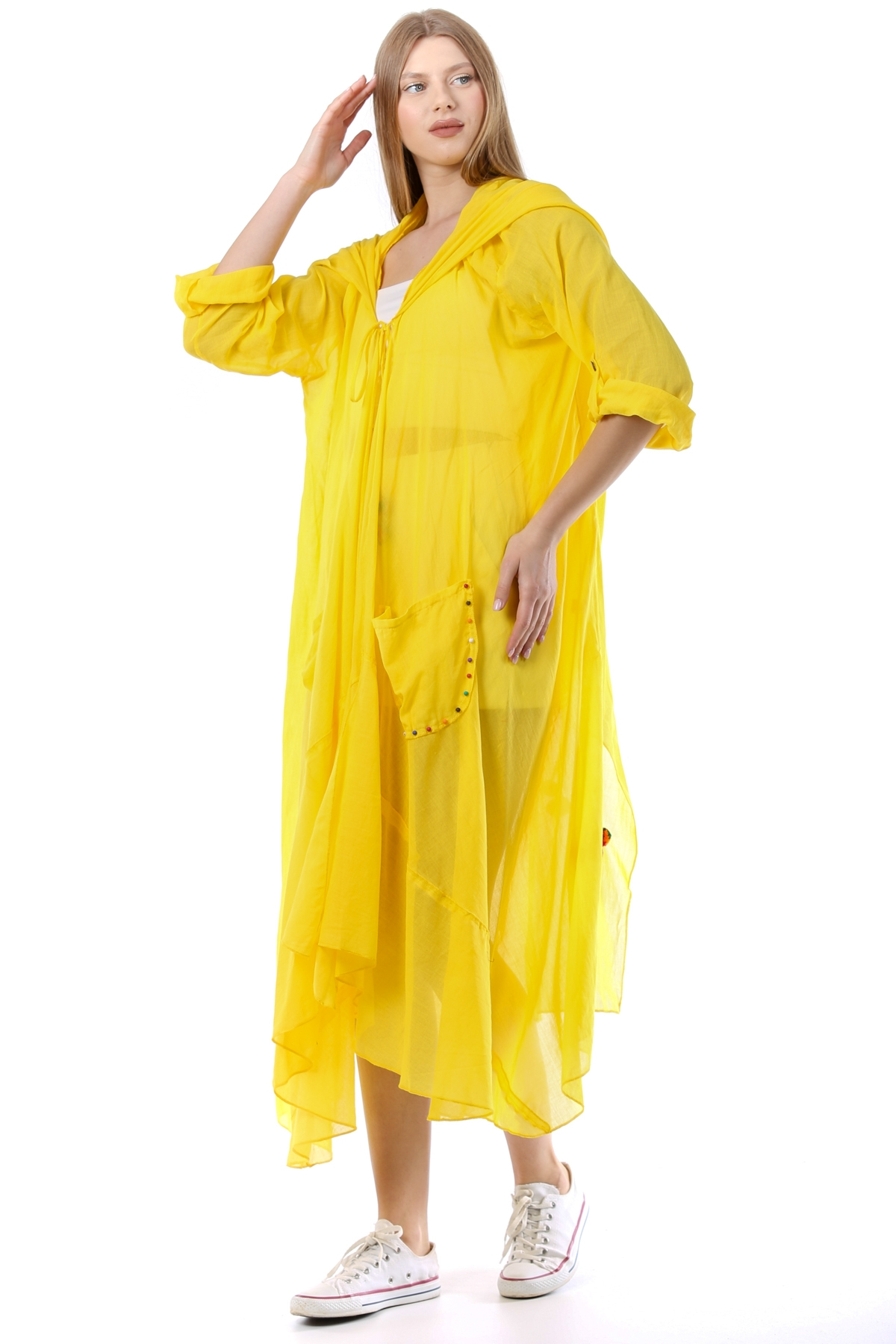 Sarı Kadın Cadı Kapüşonlu Bohem Kaftan