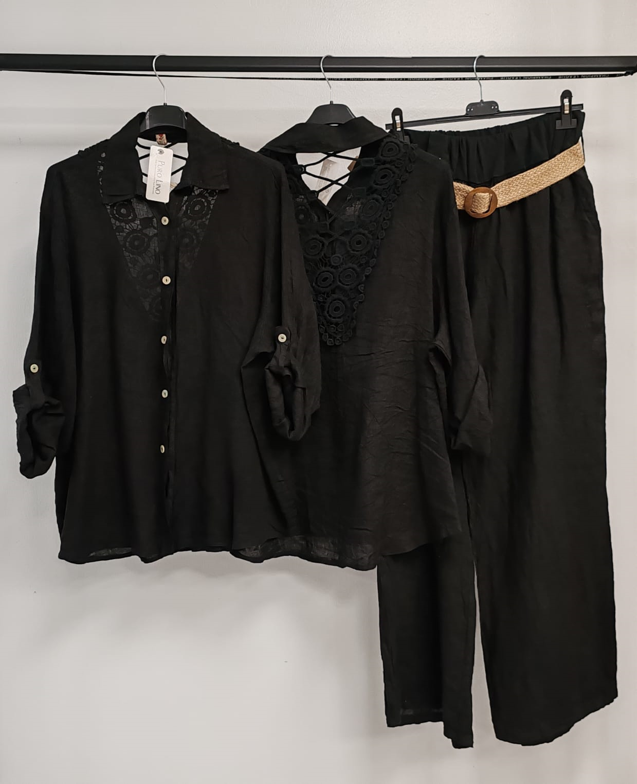 Black Kadın İtalyan Sırtı Dantelli Keten Takım Pantolon ve Gömlekli