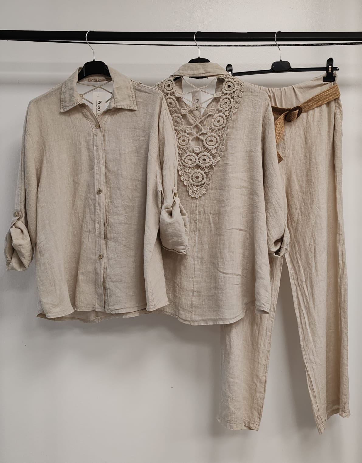 Beige Kadın İtalyan Sırtı Dantelli Keten Takım Pantolon ve Gömlekli