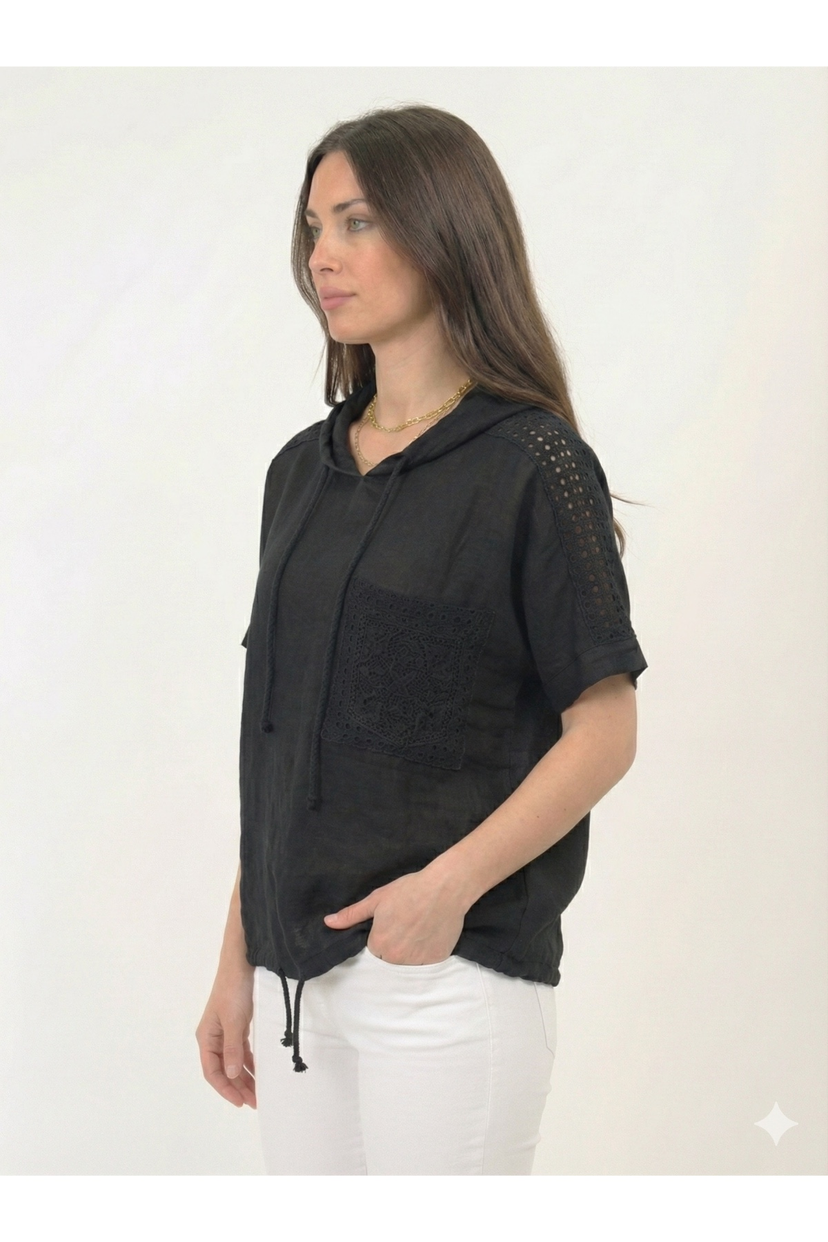 Nero İtalyan Kolu ve Omzu Fistolu Kapüşonlu Etek Ucu Bağlamalı Oversize Keten Bluz