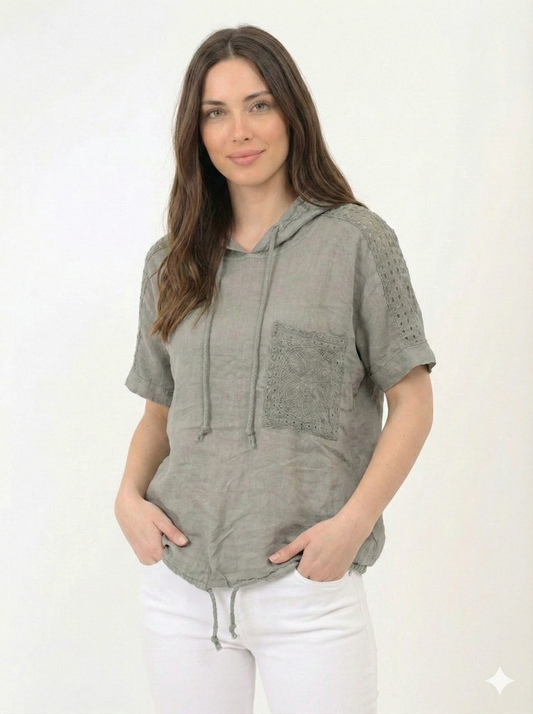 Vizon İtalyan Kolu ve Omzu Fistolu Kapüşonlu Etek Ucu Bağlamalı Oversize Keten Bluz