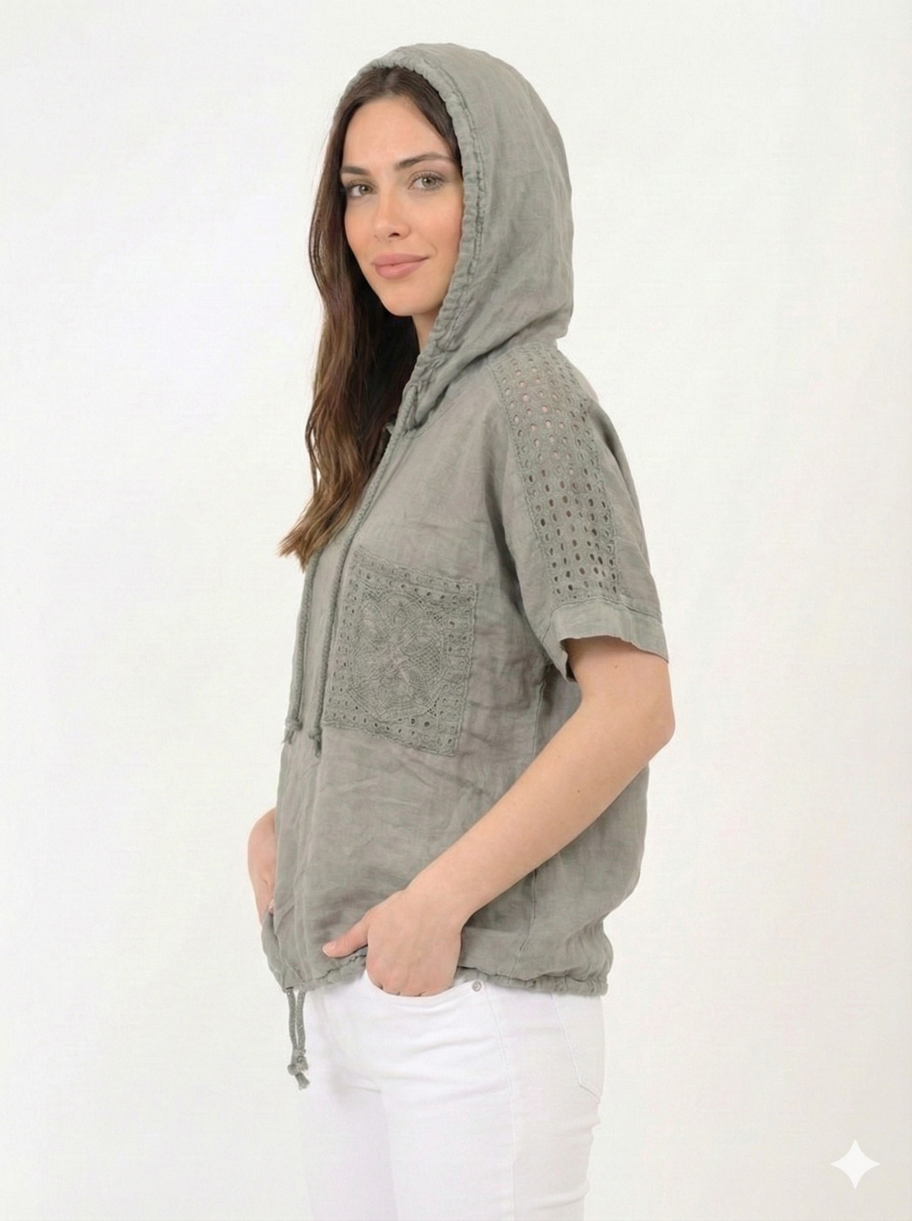 Vizon İtalyan Kolu ve Omzu Fistolu Kapüşonlu Etek Ucu Bağlamalı Oversize Keten Bluz