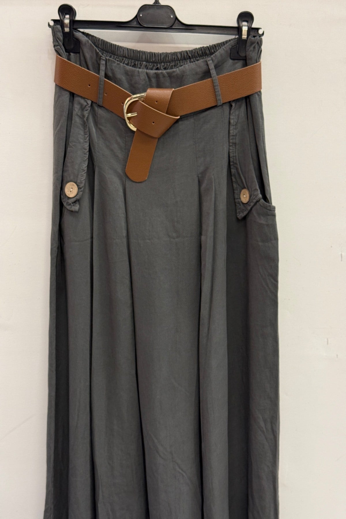 Dark Grey İtalyan Beli Lastikli Çift Yan Cepli Kemerli Pileli Tencel Etek 38 - 44 Beden