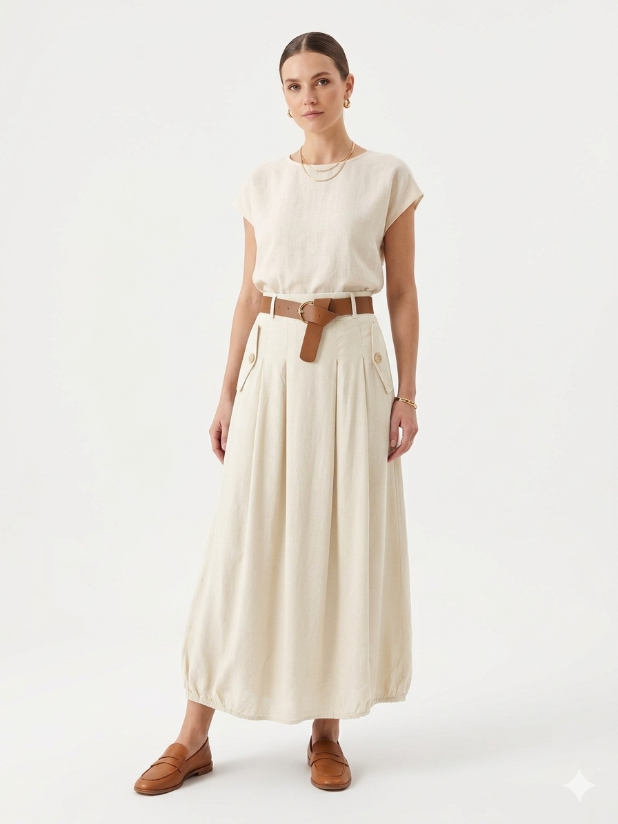 Beige İtalyan Beli Lastikli Çift Yan Cepli Kemerli Pileli Tencel Etek 38 - 44 Beden