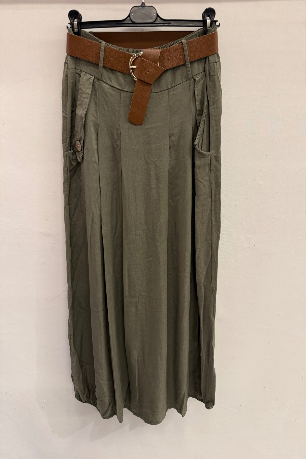 Millitary İtalyan Beli Lastikli Çift Yan Cepli Kemerli Pileli Tencel Etek 38 - 44 Beden