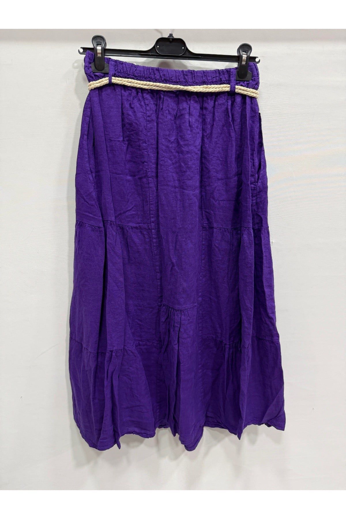 Viola İtalyan İp Kemerli Cepli Patchwork Keten Etek