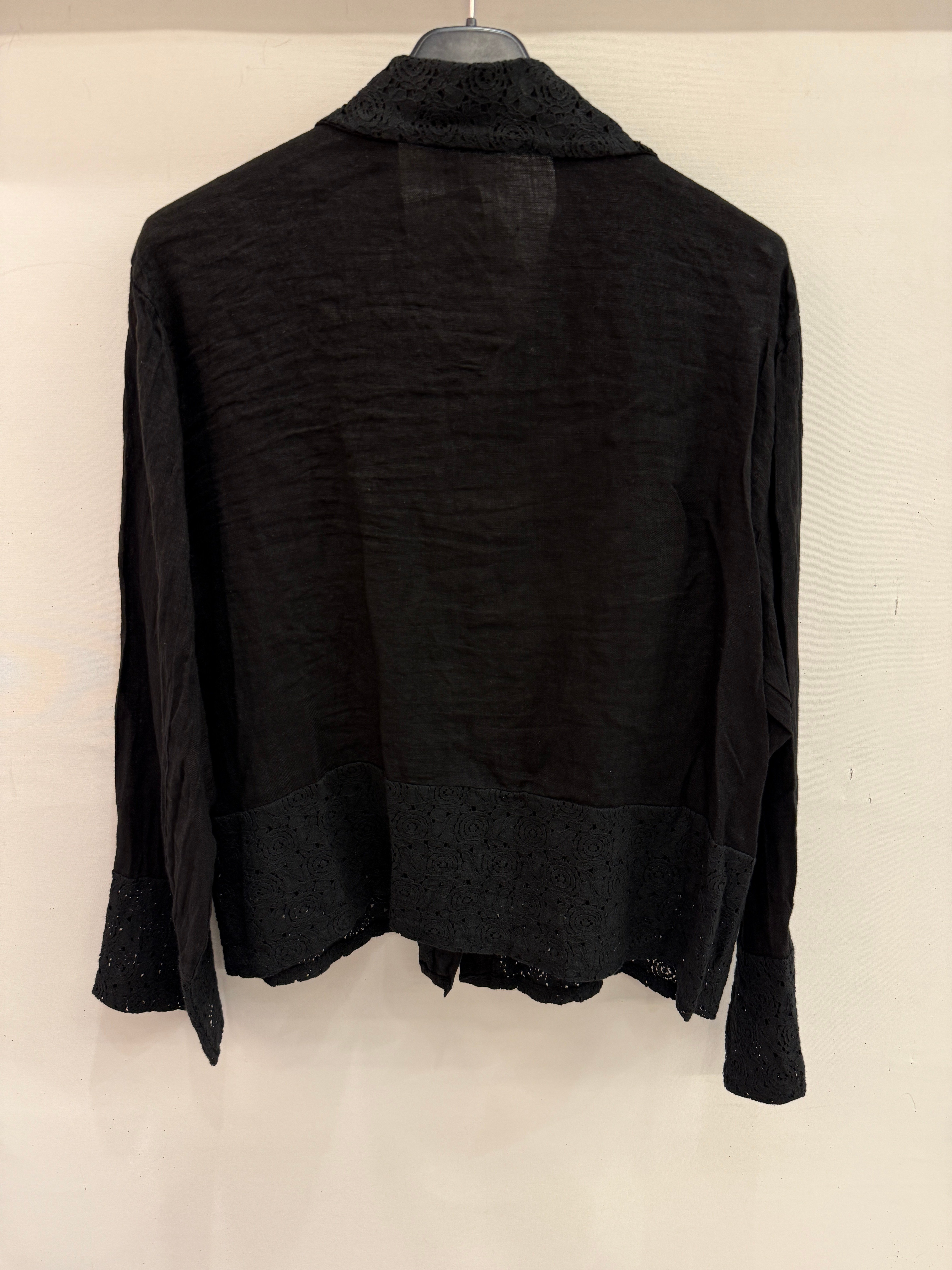 Siyah Kadın İtalyan Dantel Detaylı Oversize Keten Gömlek 38 - 44 Beden