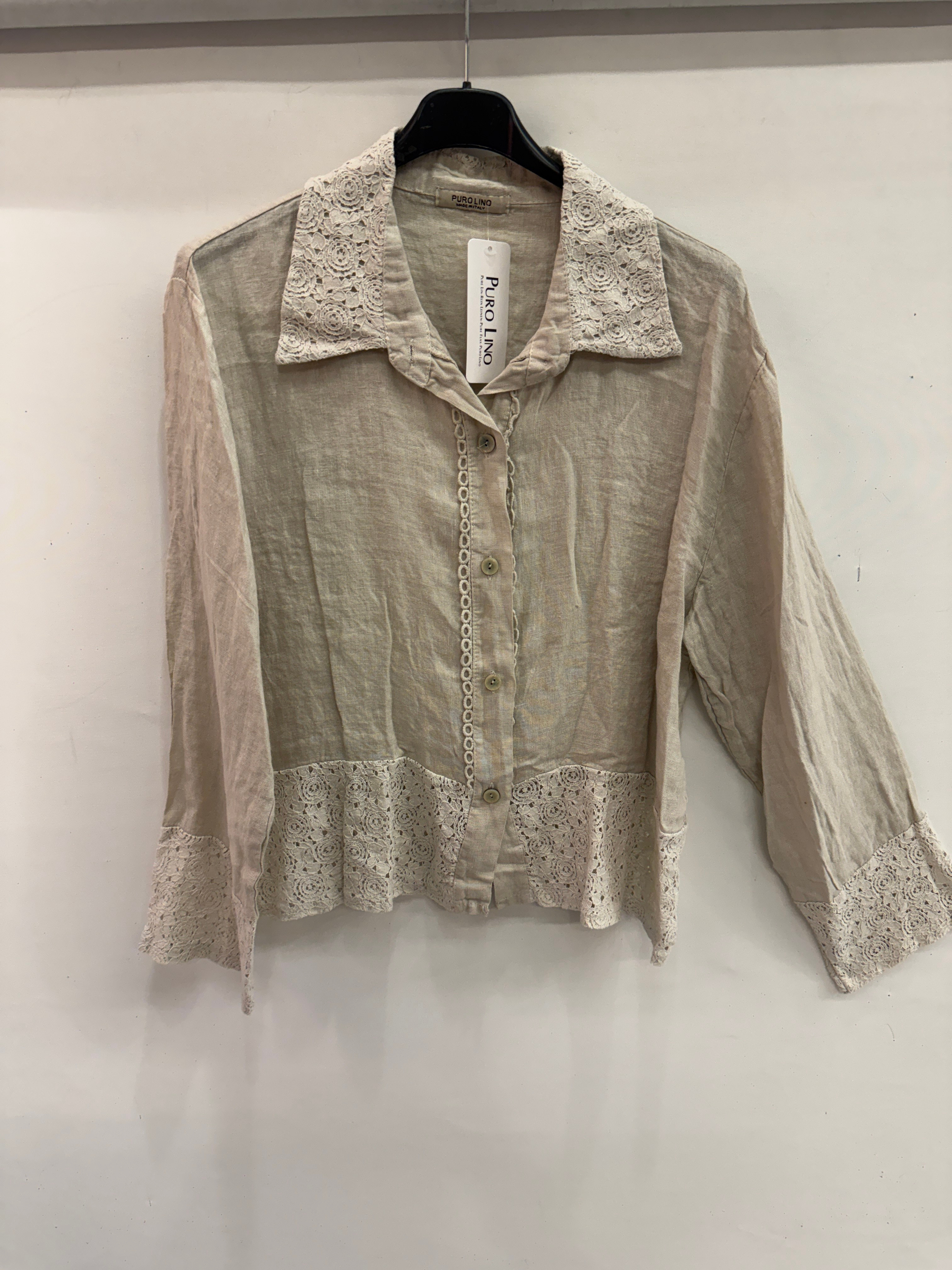 Bej Kadın İtalyan Dantel Detaylı Oversize Keten Gömlek 38 - 44 Beden
