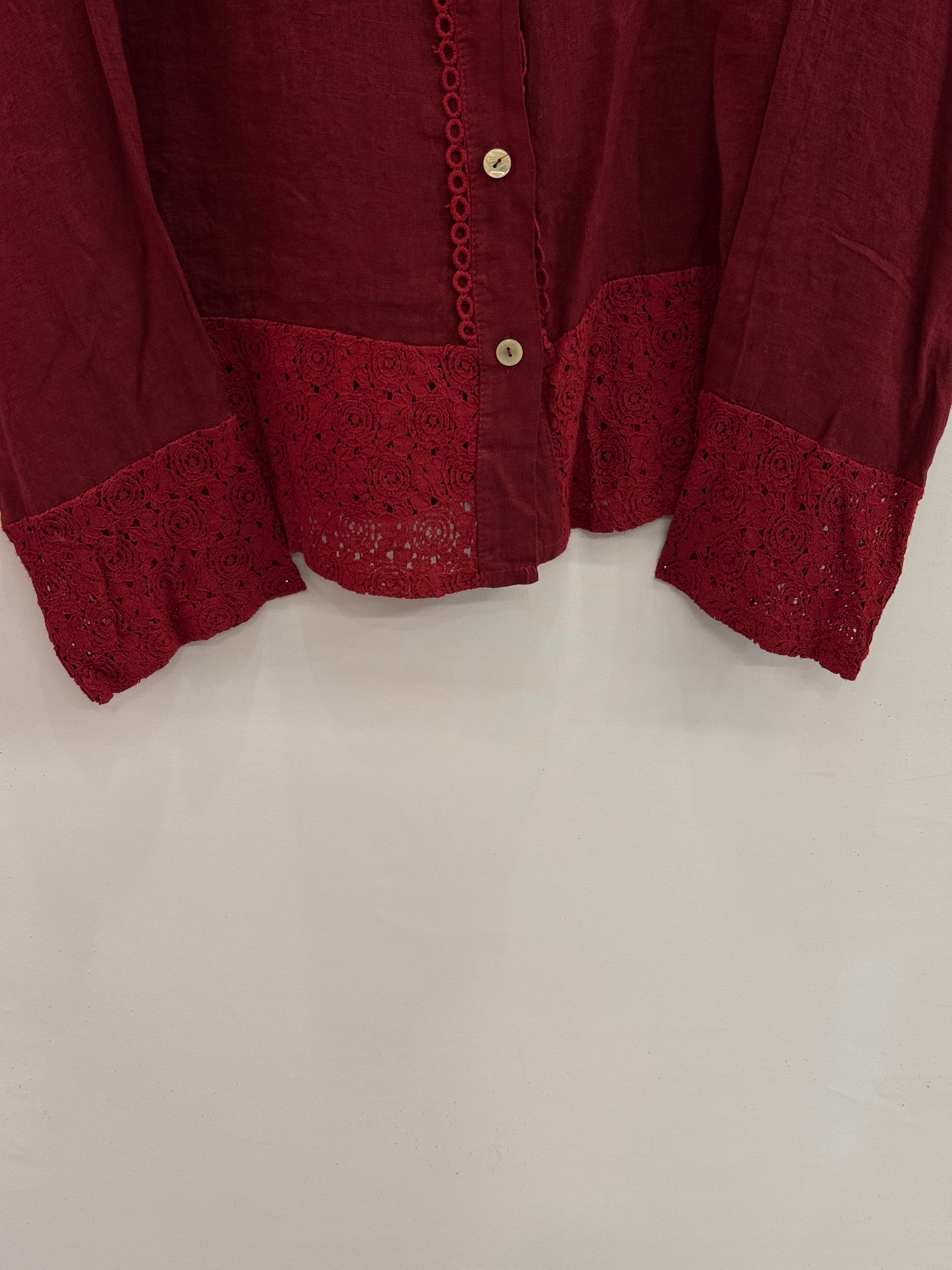Bordo Kadın İtalyan Dantel Detaylı Oversize Keten Gömlek 38 - 44 Beden