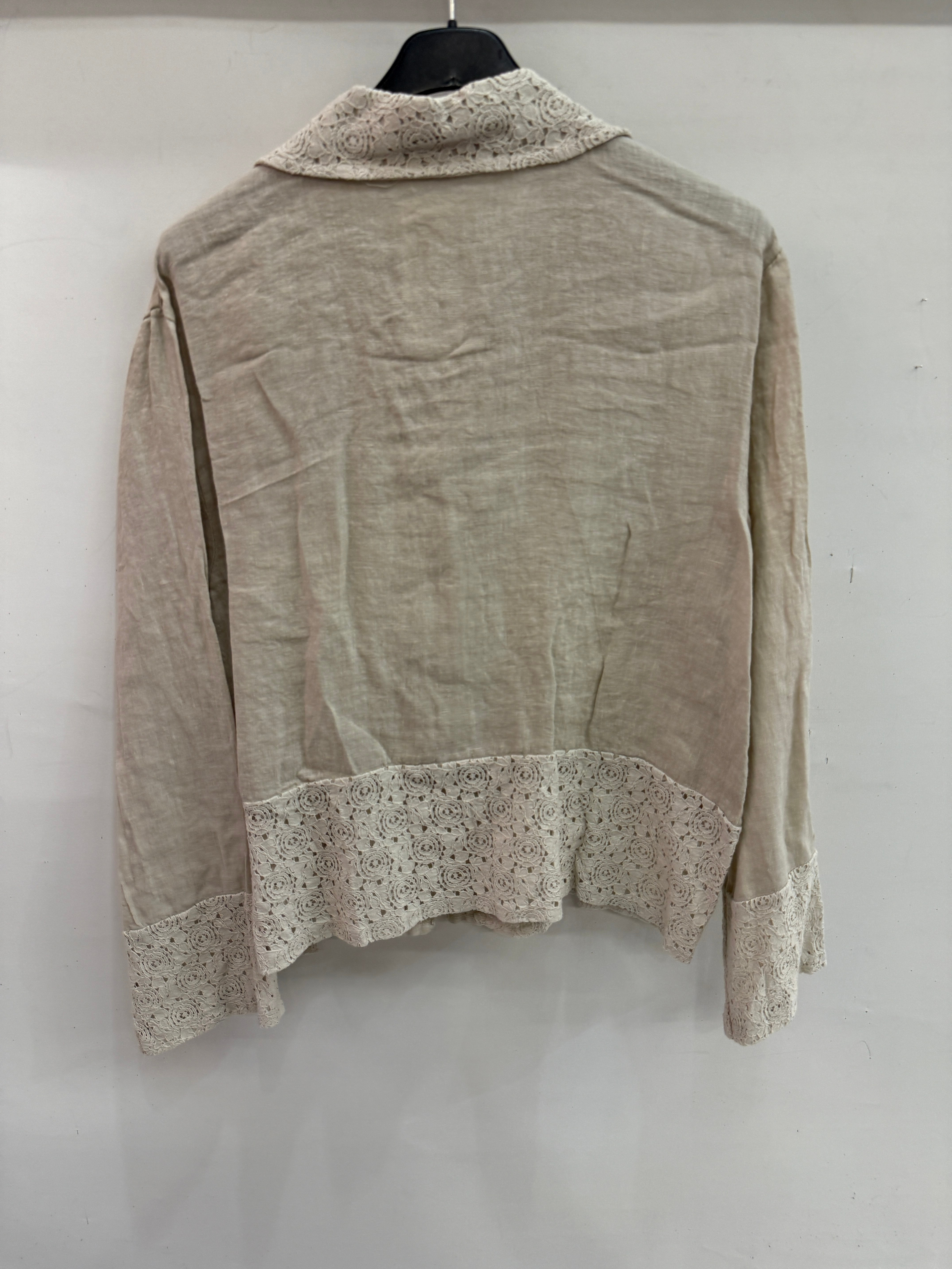 Bej Kadın İtalyan Dantel Detaylı Oversize Keten Gömlek 38 - 44 Beden