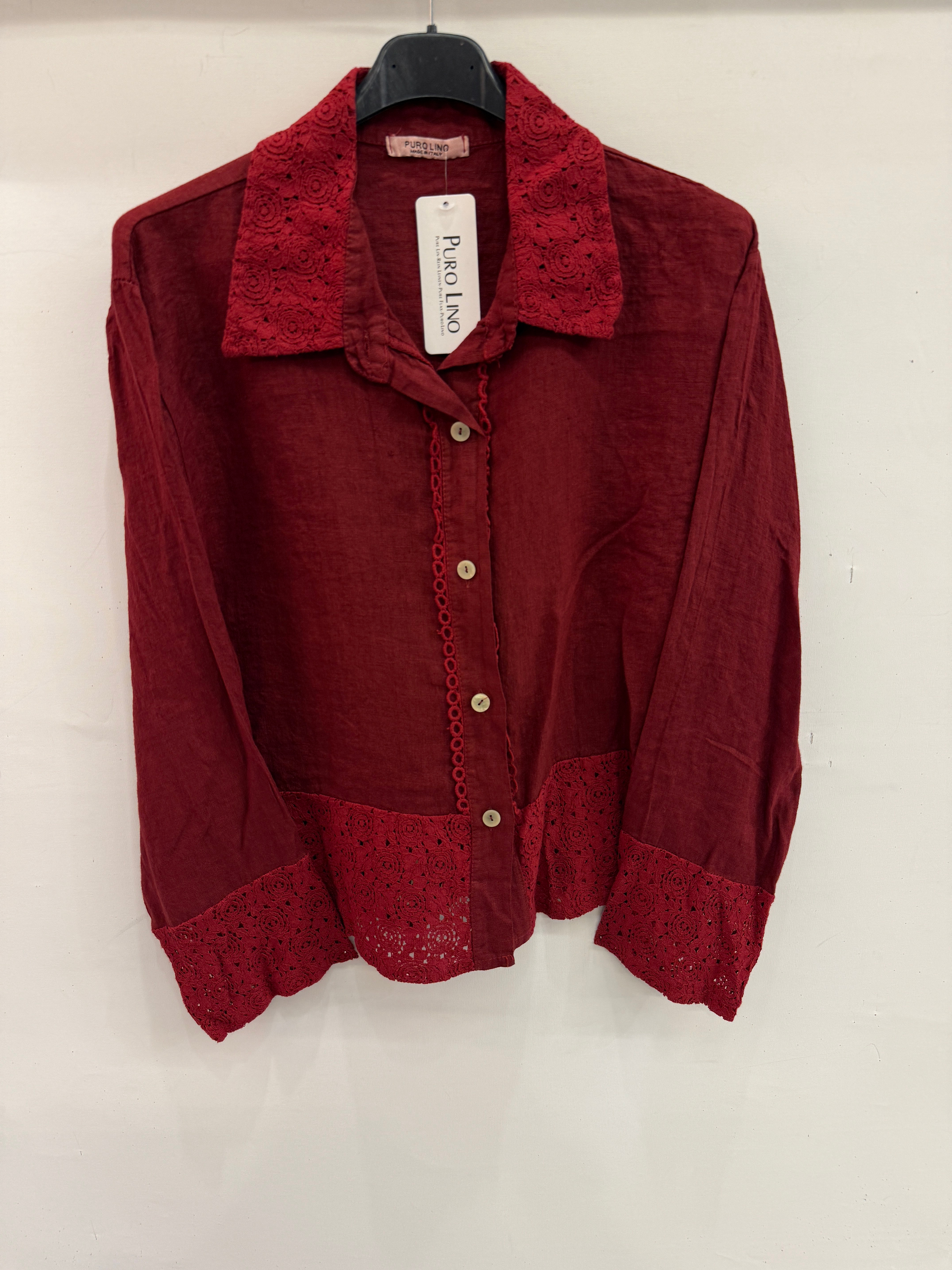 Bordo Kadın İtalyan Dantel Detaylı Oversize Keten Gömlek 38 - 44 Beden