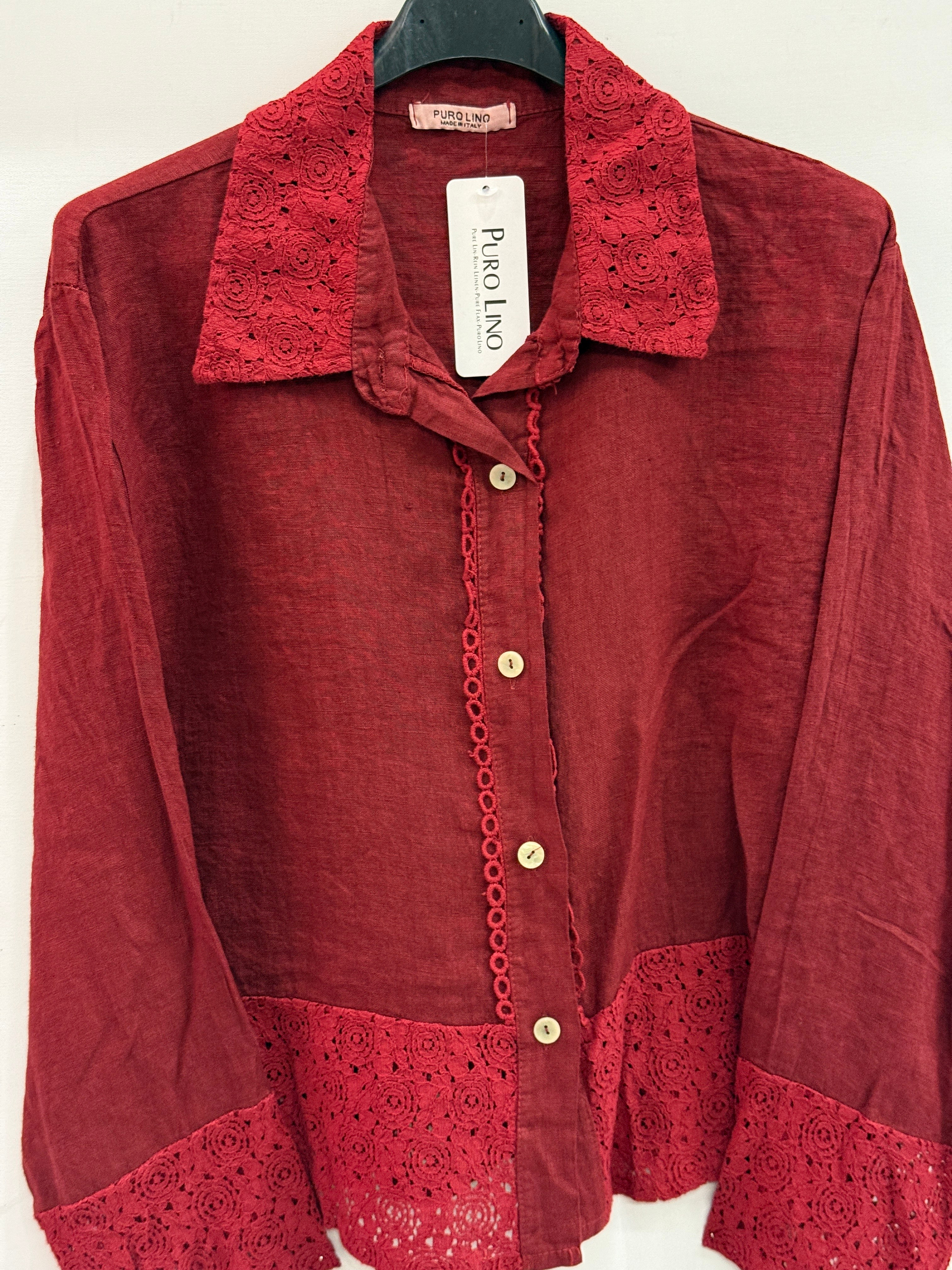 Bordo Kadın İtalyan Dantel Detaylı Oversize Keten Gömlek 38 - 44 Beden