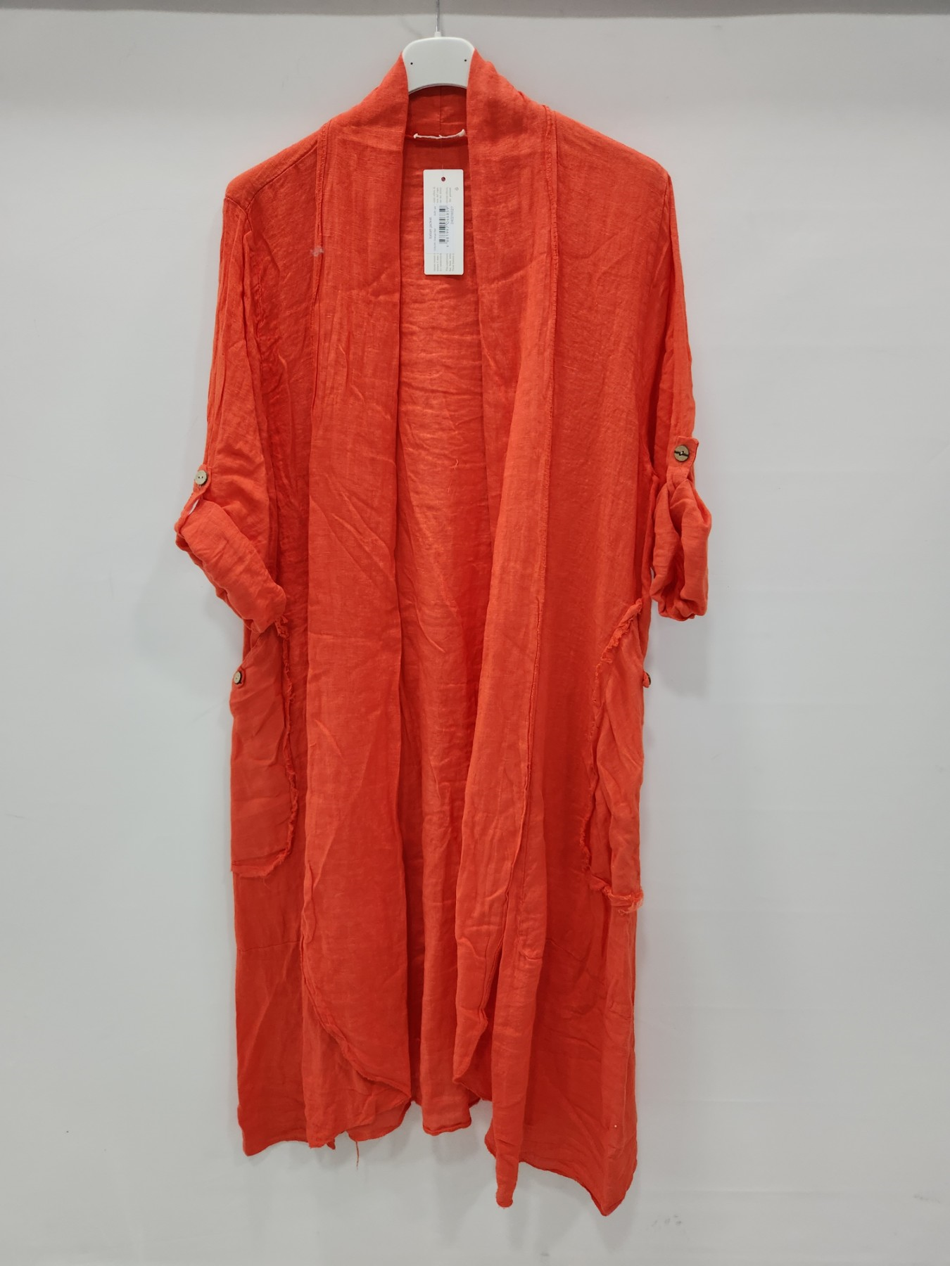 Kadın Turuncu İtalyan Katlanabilir Kollu Cepli Uzun Keten Kaftan