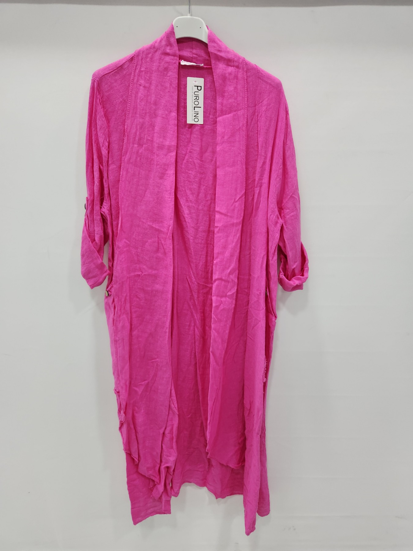 Kadın Fuşya İtalyan Katlanabilir Kollu Cepli Uzun Keten Kaftan