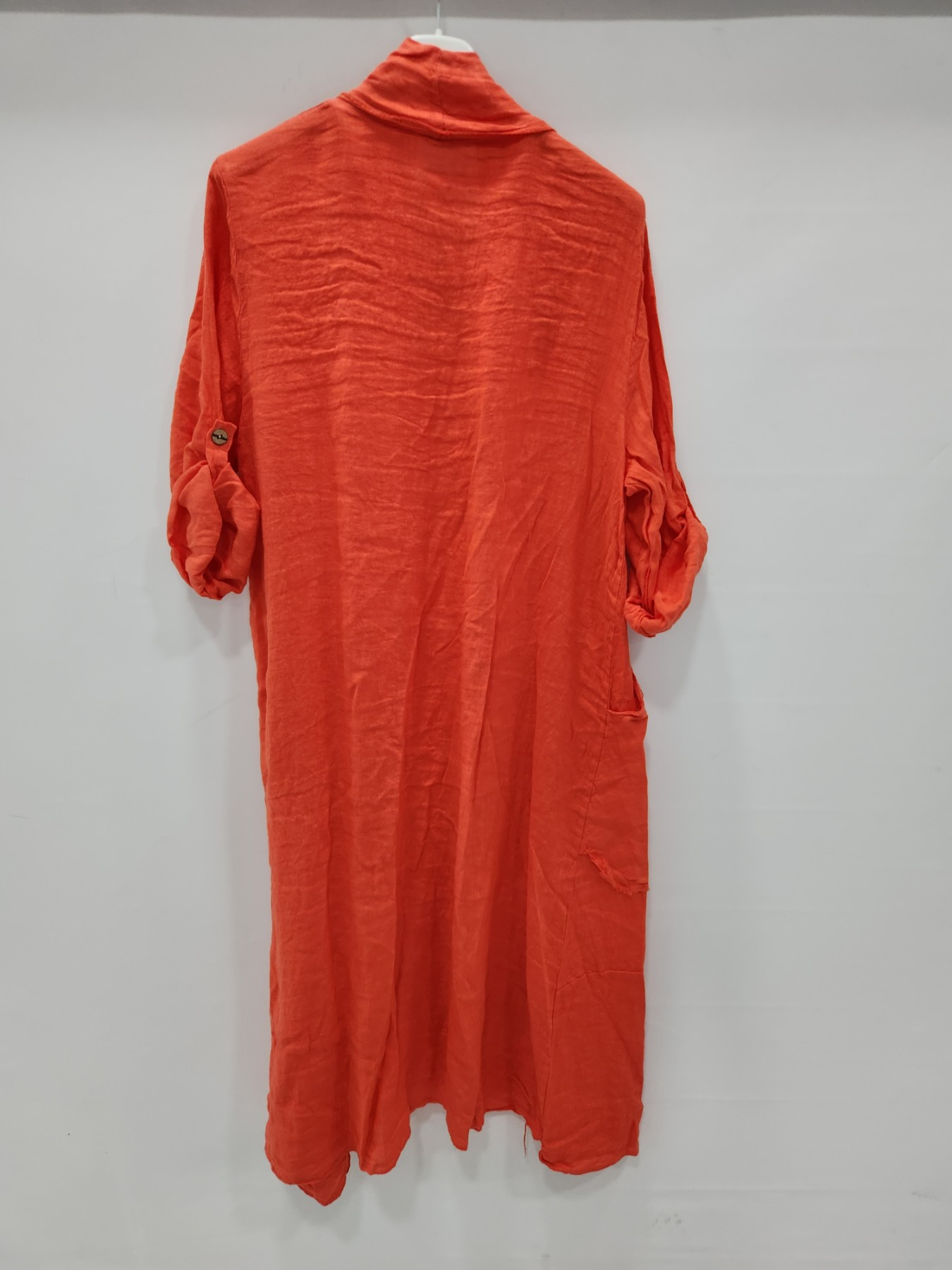 Kadın Turuncu İtalyan Katlanabilir Kollu Cepli Uzun Keten Kaftan