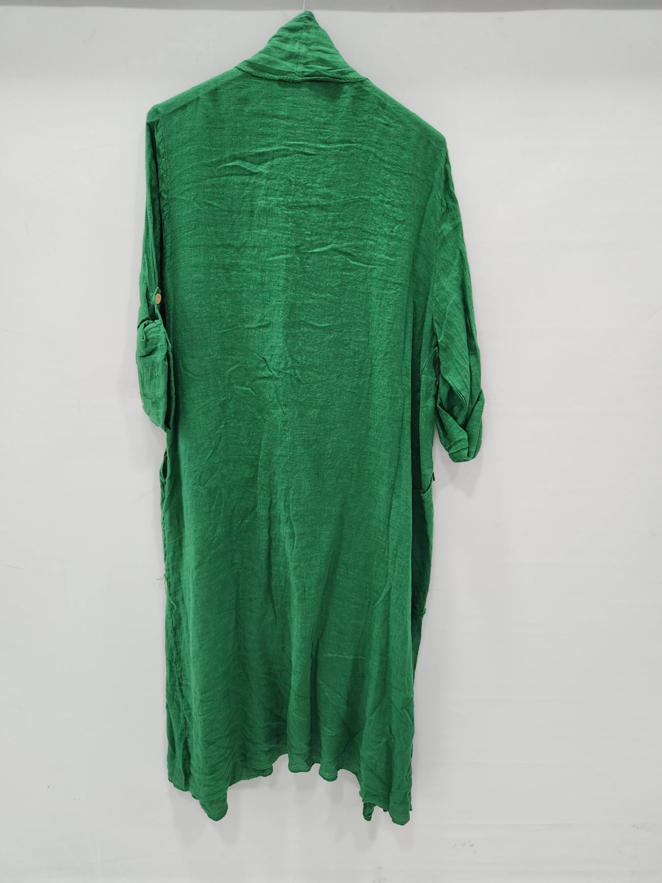 Kadın Yeşil İtalyan Katlanabilir Kollu Cepli Uzun Keten Kaftan