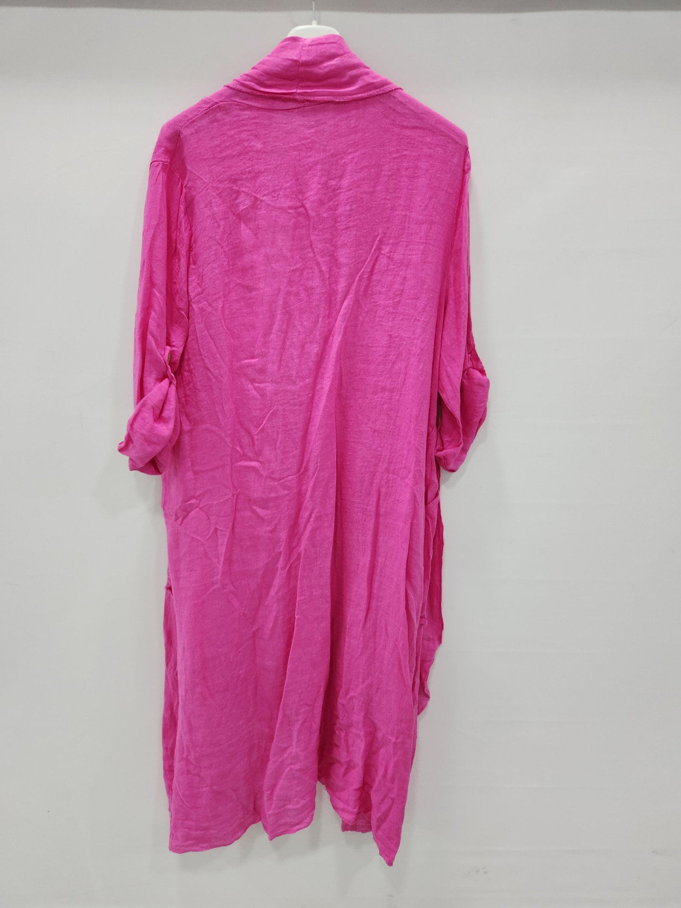Kadın Fuşya İtalyan Katlanabilir Kollu Cepli Uzun Keten Kaftan